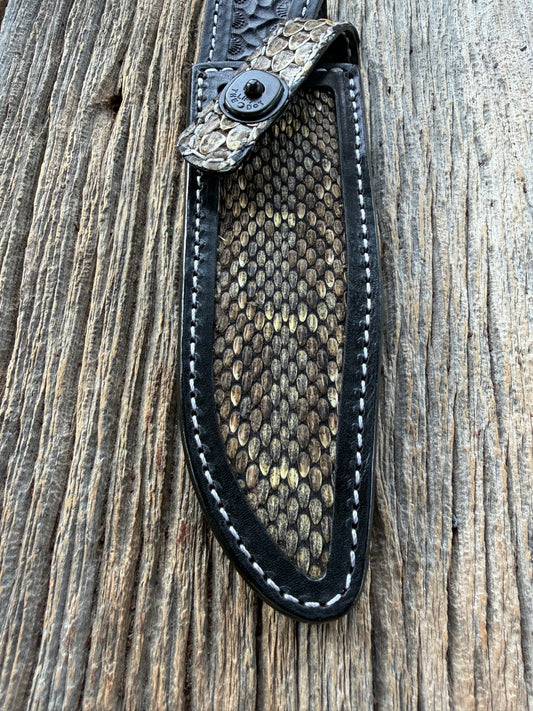 Randall Model 1-6 sheath with inlayed Western Diamondback RattleSnake skin from Treeman Sheaths. Brown leather, white deviated stitching and black canteen snaps.