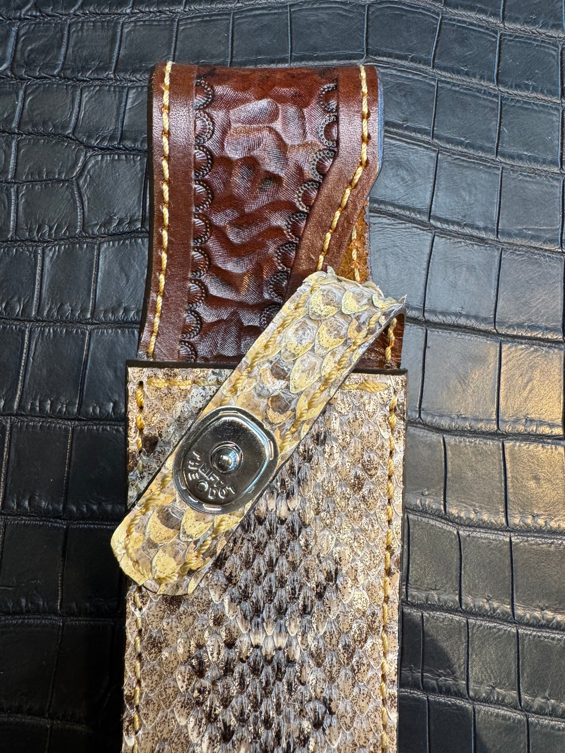 Randall Model 14 in rare Rattlesnake, Straight hilt, Canteen Snap, full brass stamping and stitching.