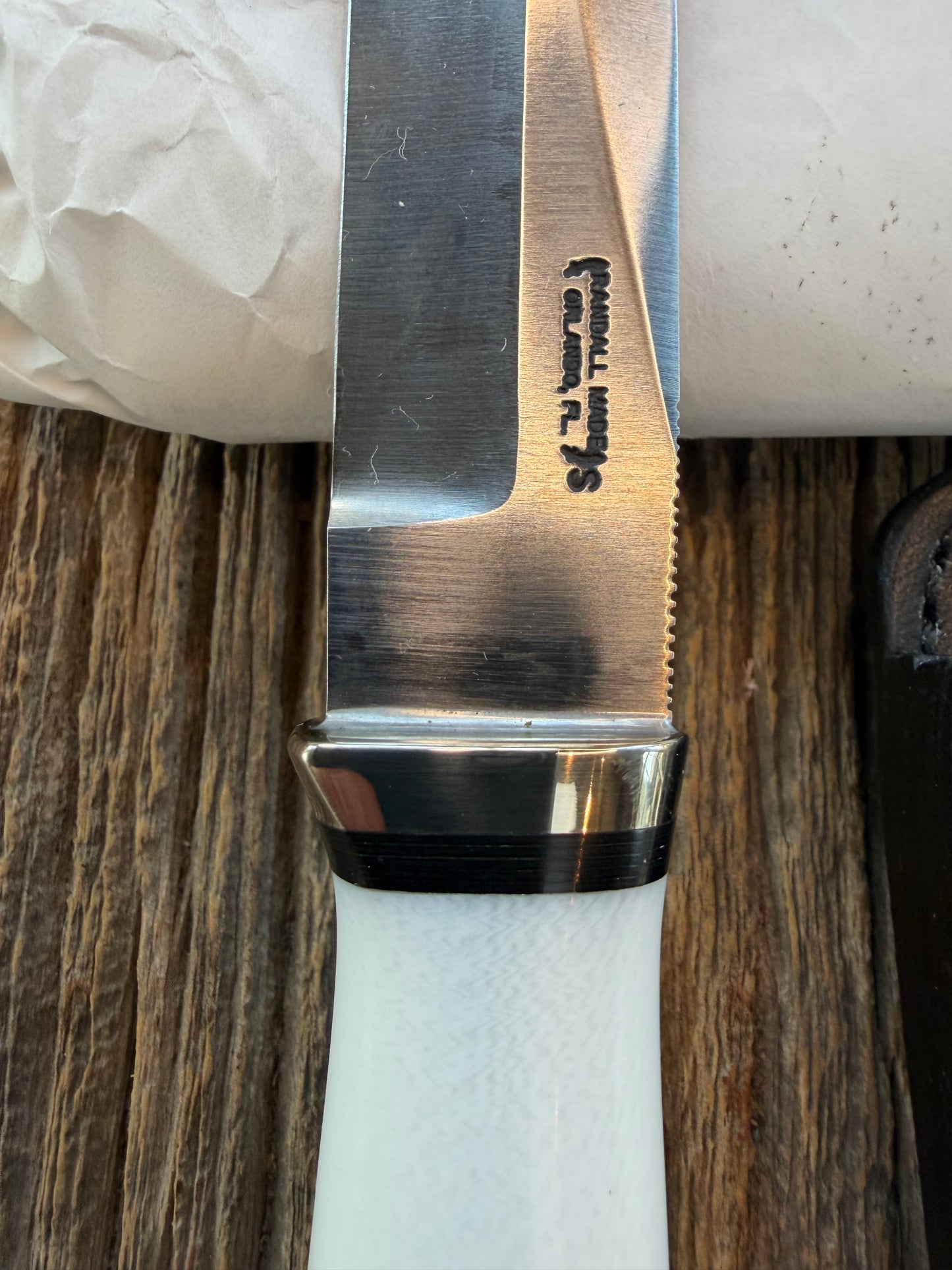 New in Paper Randall Model “Gambler” 4 Inch in Ivorite Nickel hilt, Stainless, black single spacer.