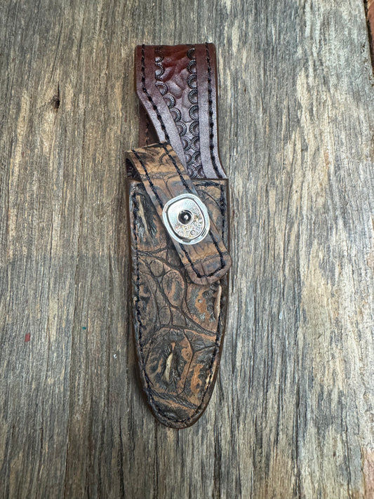 Randall Model 8-4 Sheath in Exotic Brown Sueded Crocodile from Treeman.