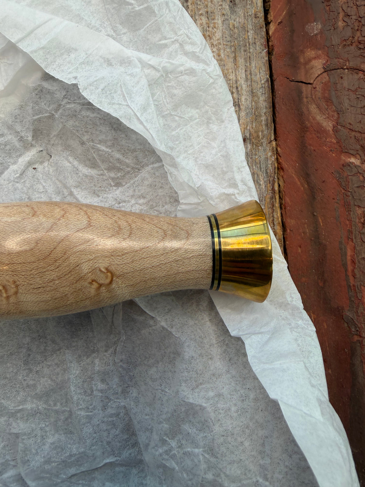New in Paper Randall Made Knife Model 2-7 Maple wood, Stainless, Black and gold spacers, Brass Hilt and  butt cap.