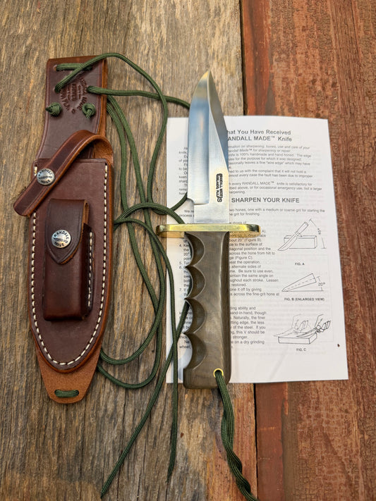 New Randall Knife Model 15 Airman Stainless Steel, Green Micarta, finger grooves.