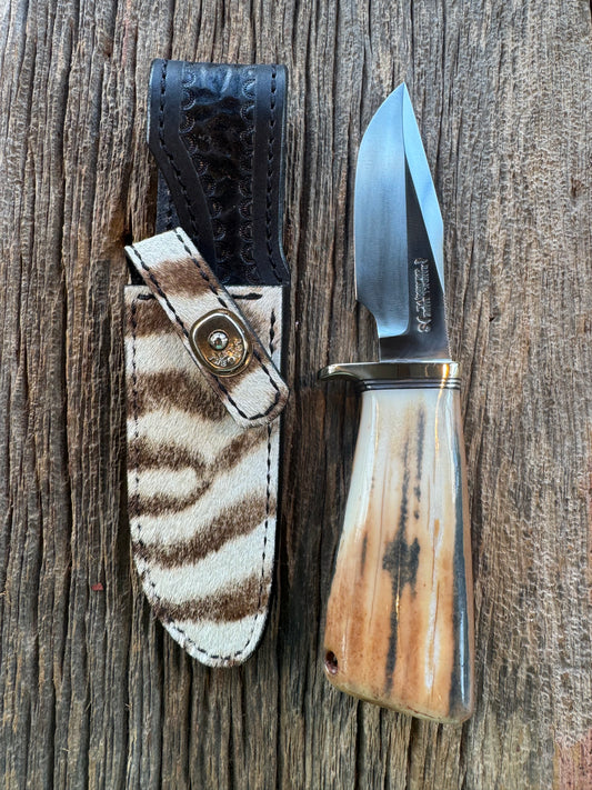 Randall Knife Model 23 Net Weight Artifact Fossil Walrus Handle. Stainless Steel, Natural end. Zebra Sheath.