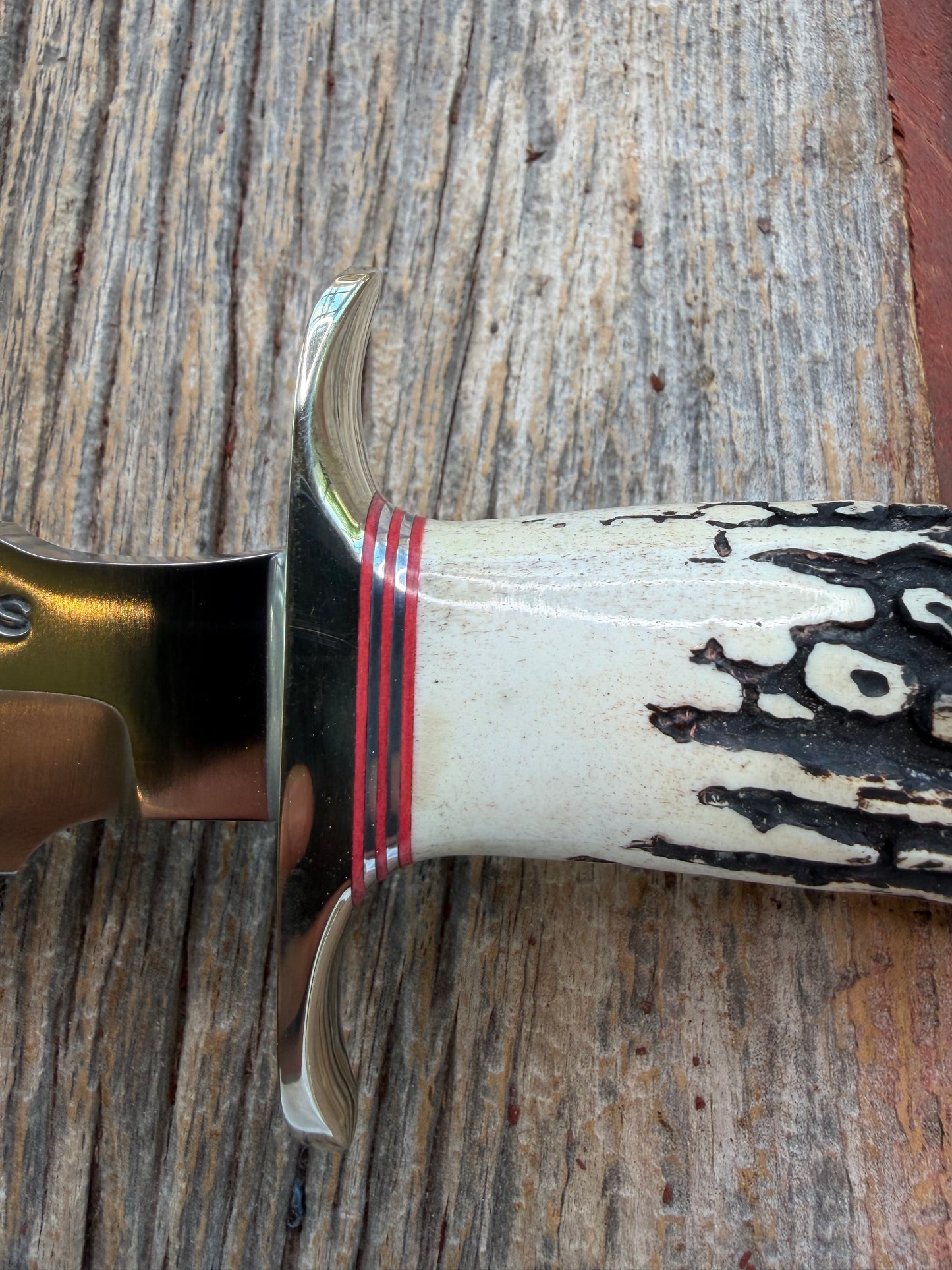 Randall Model 1-7 Popcorn Stag Stainless Nickel Silver Hilt Natural end Red and Aluminum Spacers
