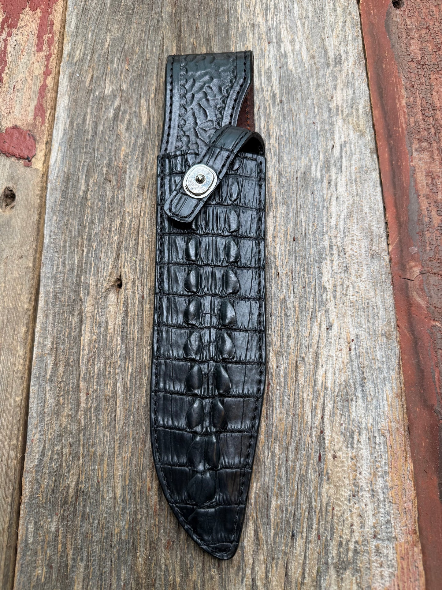 Randall Model 12-9 Sheath in Exotic Black Crocodile tail by Treeman. FCH and a silver canteen snap…