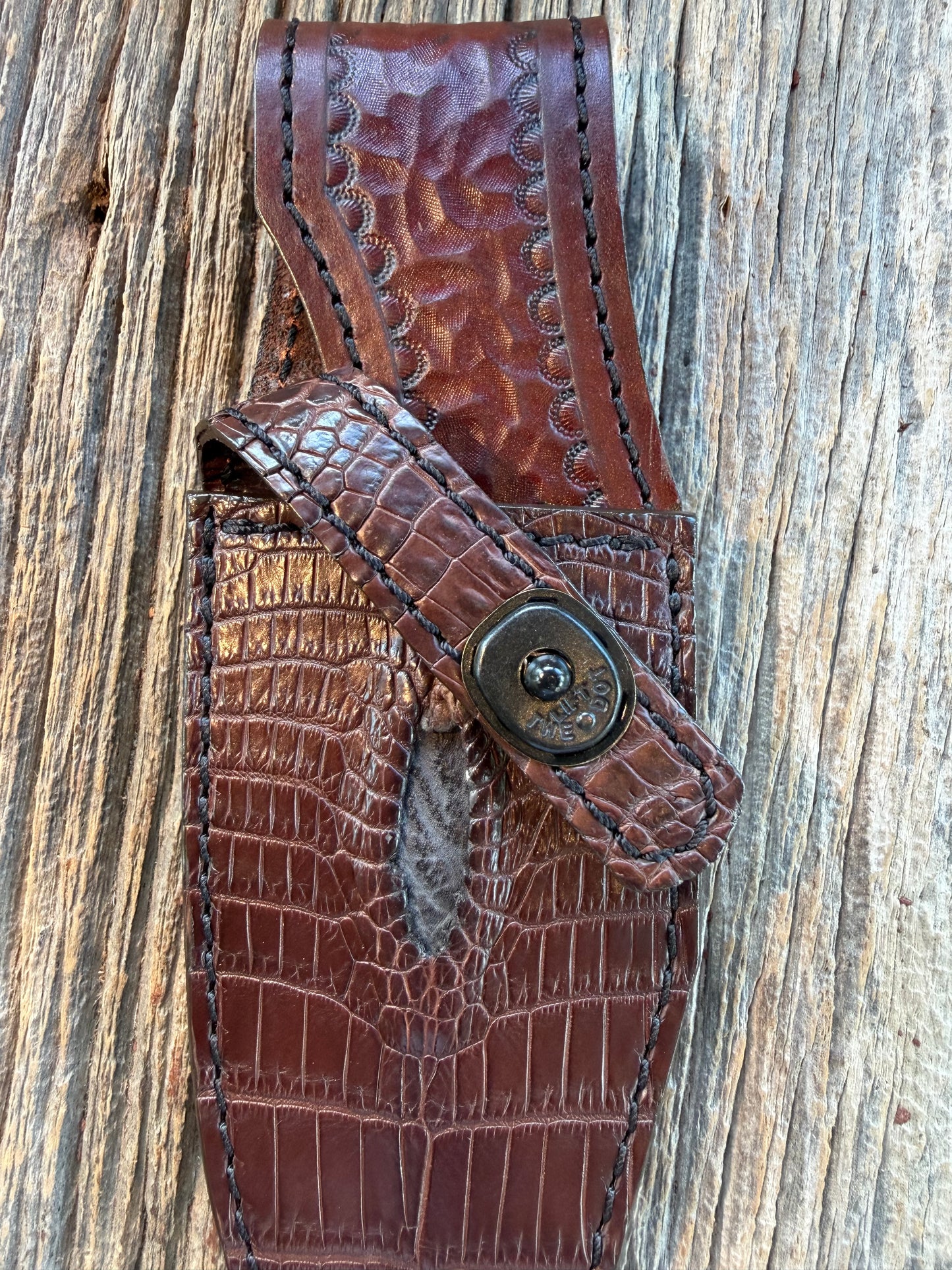 New Randall Model 19-5 Anus Sheath in Exotic Dark Brown Crocodile from Treeman with the newest Black Canteen snap.