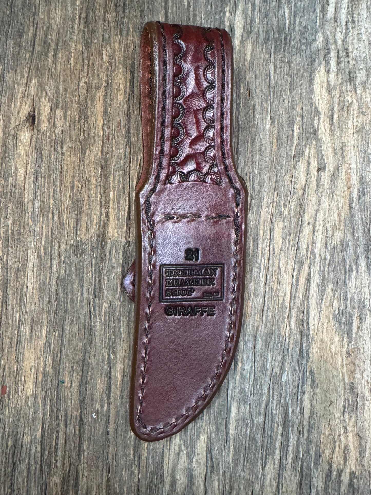 Randall Model 21 Sheath in Exotic Brown Giraffe from Treeman.