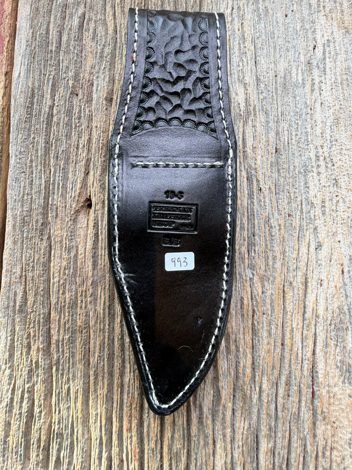 New Randall Model 19-5 Sheath in Exotic thick and textured Grey Elephant Hide on black leather from Treeman with a silver Canteen snap. Hand tooled belt loop. Killer sheath.