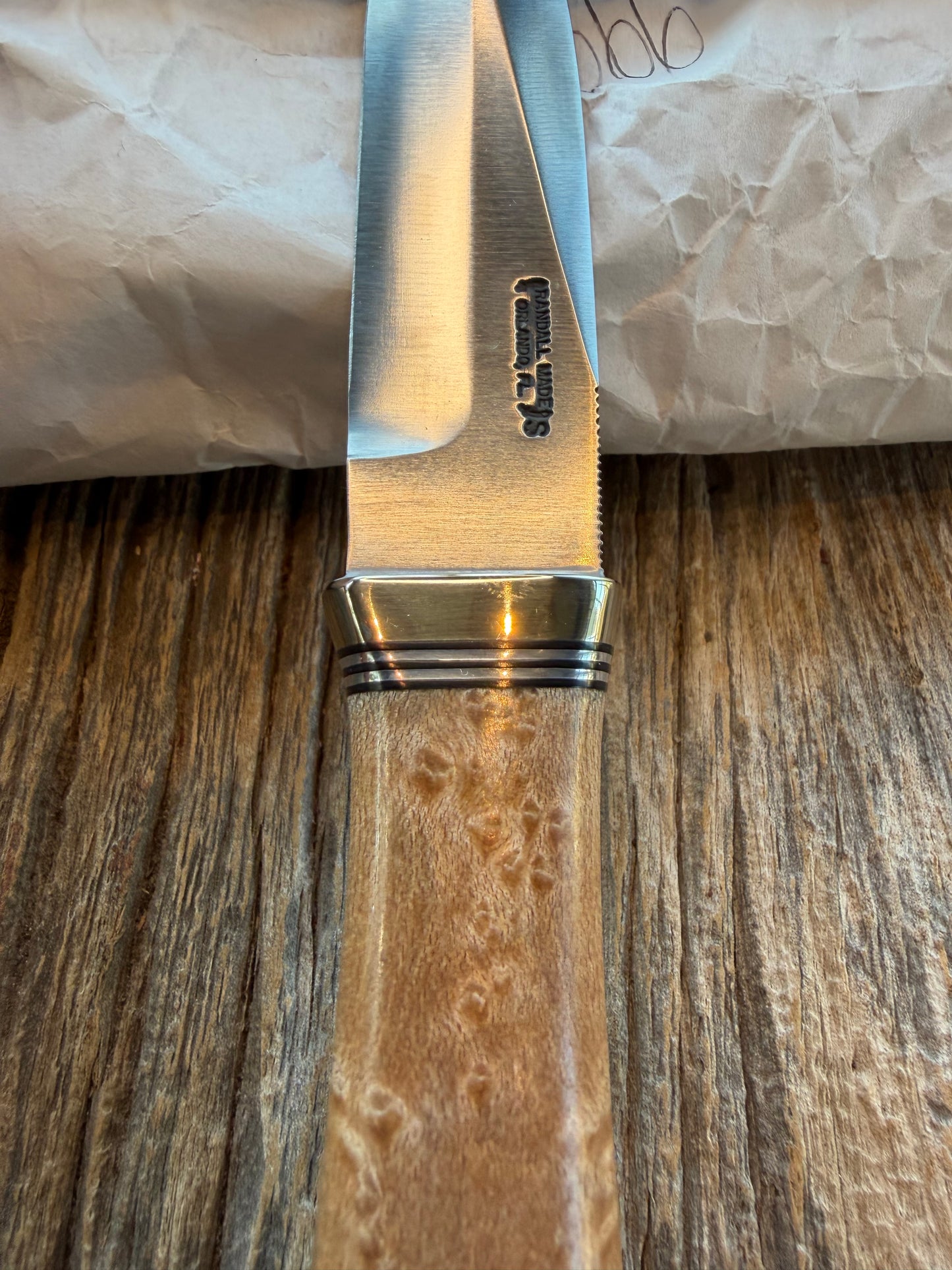 New in Paper Randall Model “Gambler” 4 Inch in Maple Wood, Nickel hilt, Stainless, black and aluminum spacers.