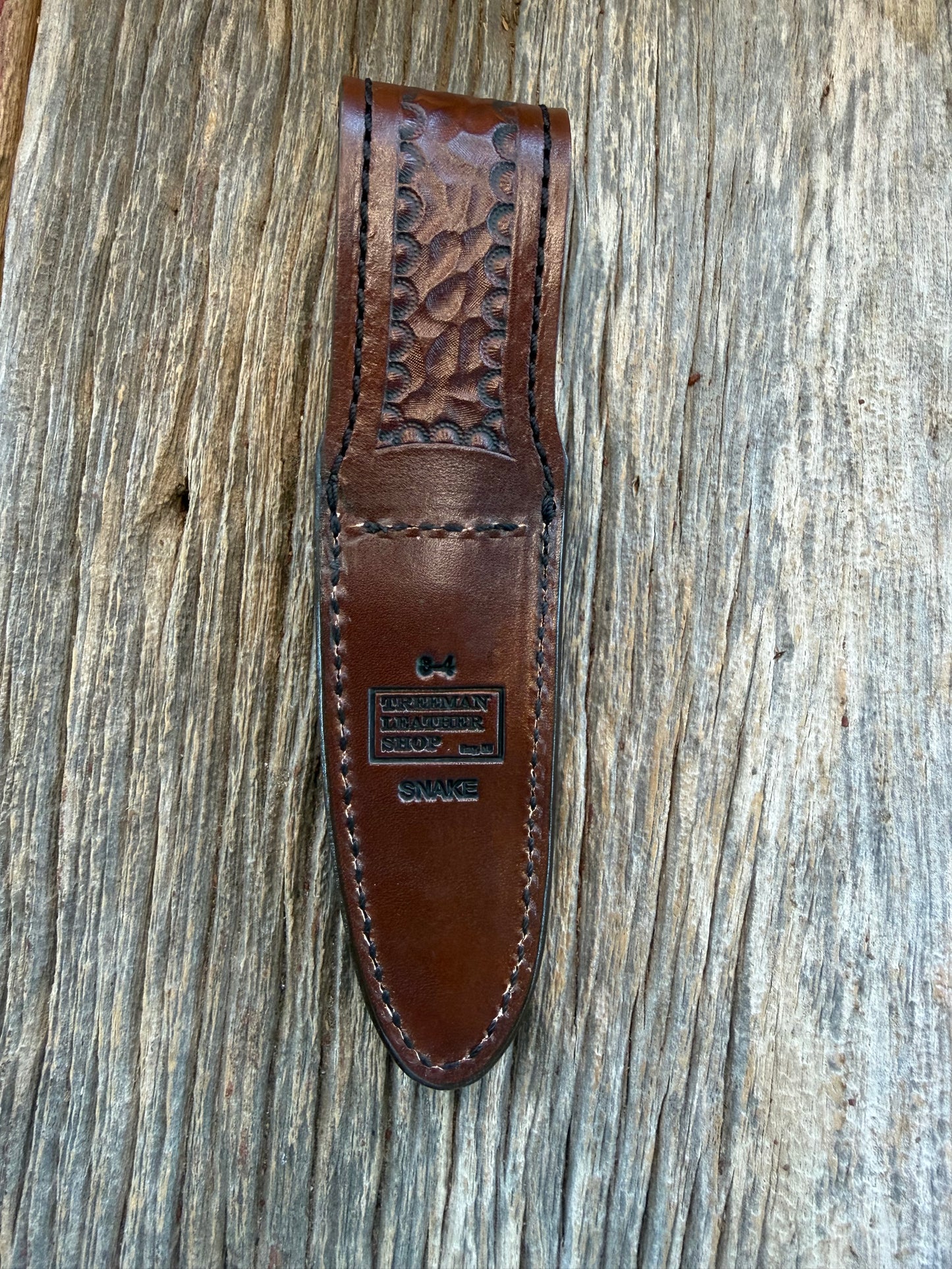 Randall Model 8-4 Sheath in Exotic Southern Copperhead from Treeman Sheaths. Black Canteen Snap. Stunning colors and pattern.