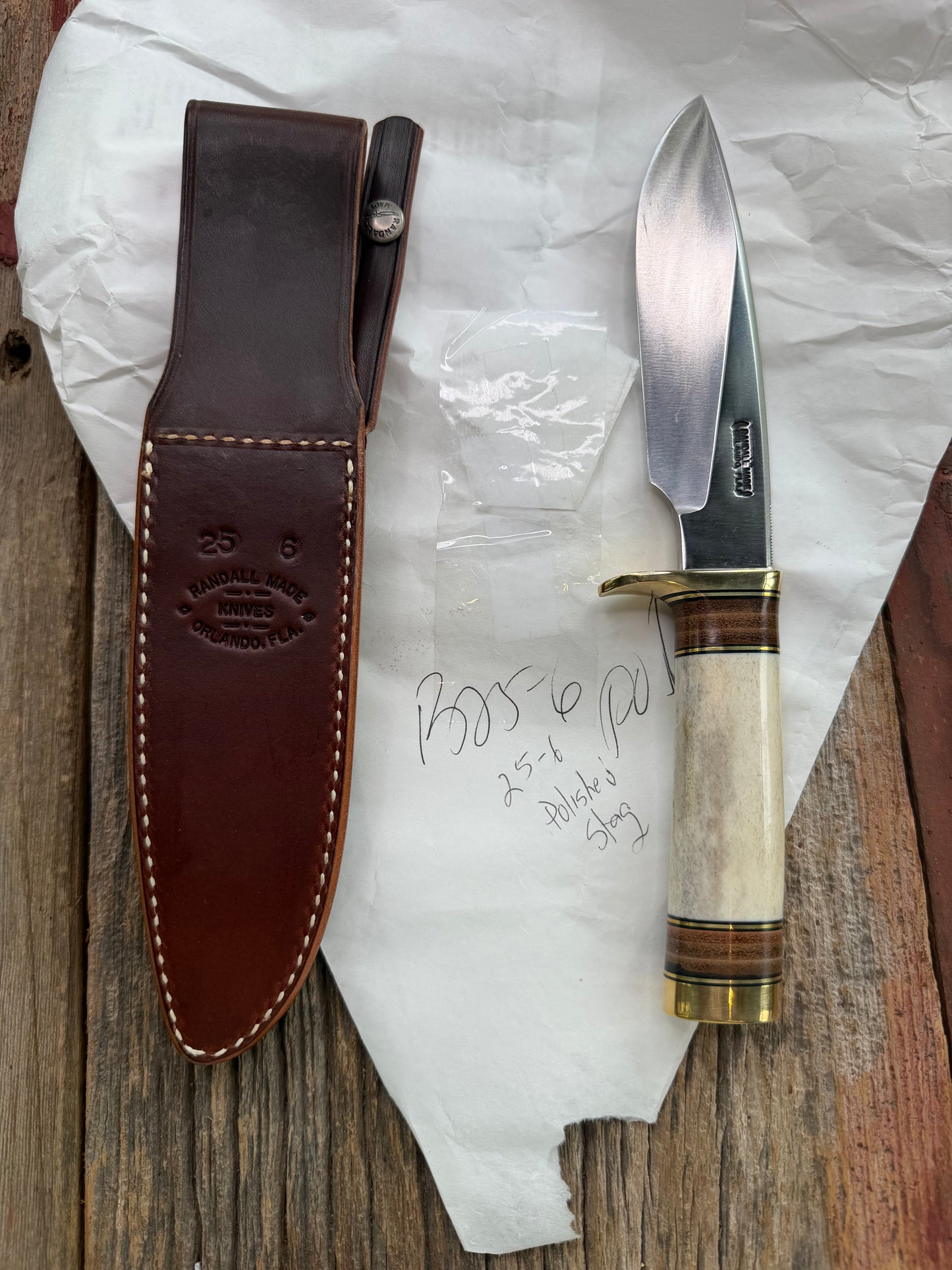 New in paper Randall Knife Model 25-6 Trapper in Polished Stag Leather Handle Stainless Blade, brass Hilt