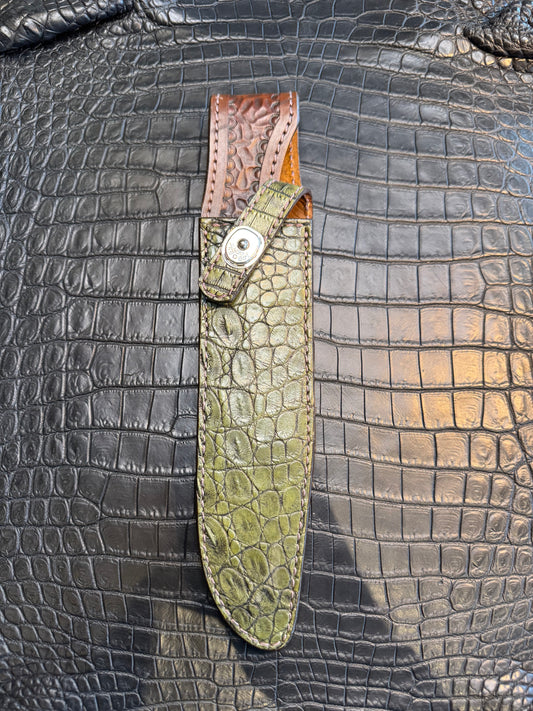 Randall Model 1-8 in Army Green Crocodile. Straight hilt, Canteen Snap, full brass stamping and stitching.