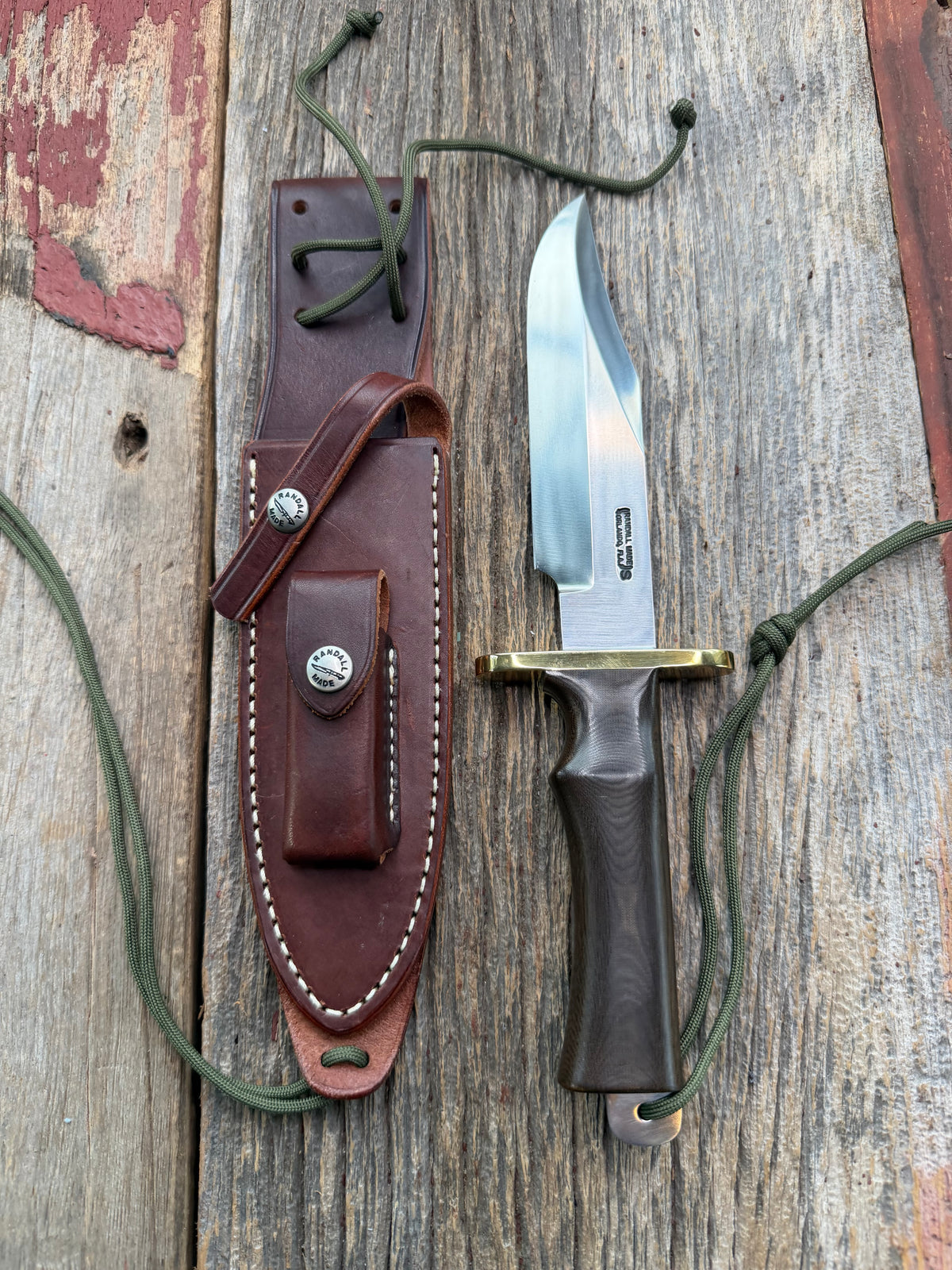 Nice Paper Randall Model Buxton Fighter # 1140 Brown Micarta, Lanyard SS Nickel Silver Double Hilt, Skull Crusher.