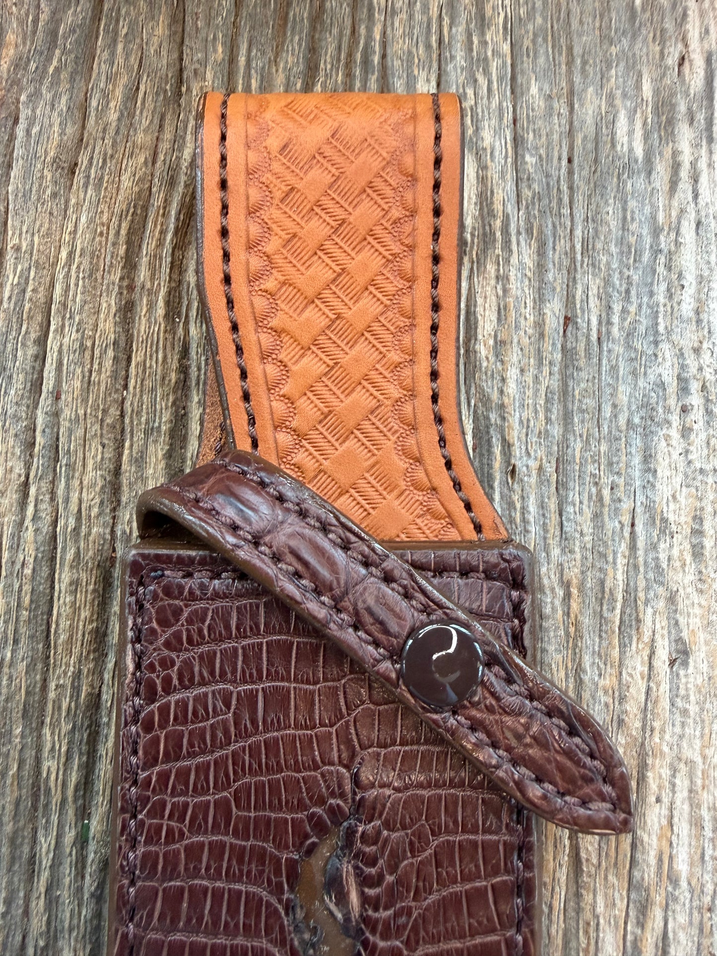 Randall Model 19-5 Exotic Brown Crocodile Anus Sheath from Sullivans by Gutcher.