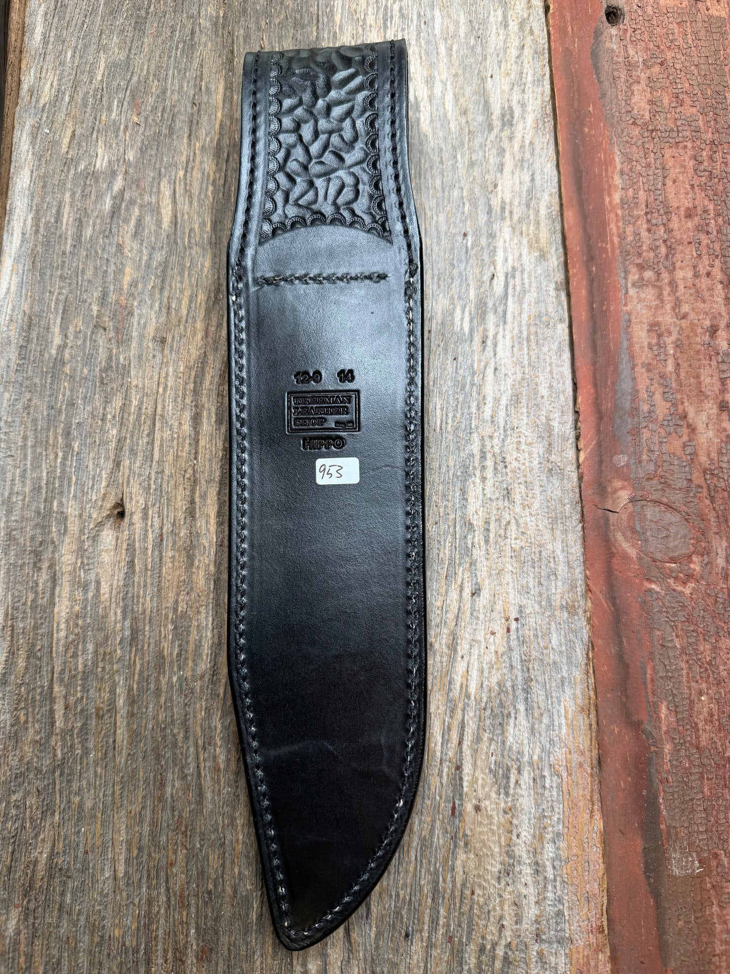 Randall Model 12-9 in Black Hippo, forward curved hilt, black Canteen Snap, full brass stamping and stitching.