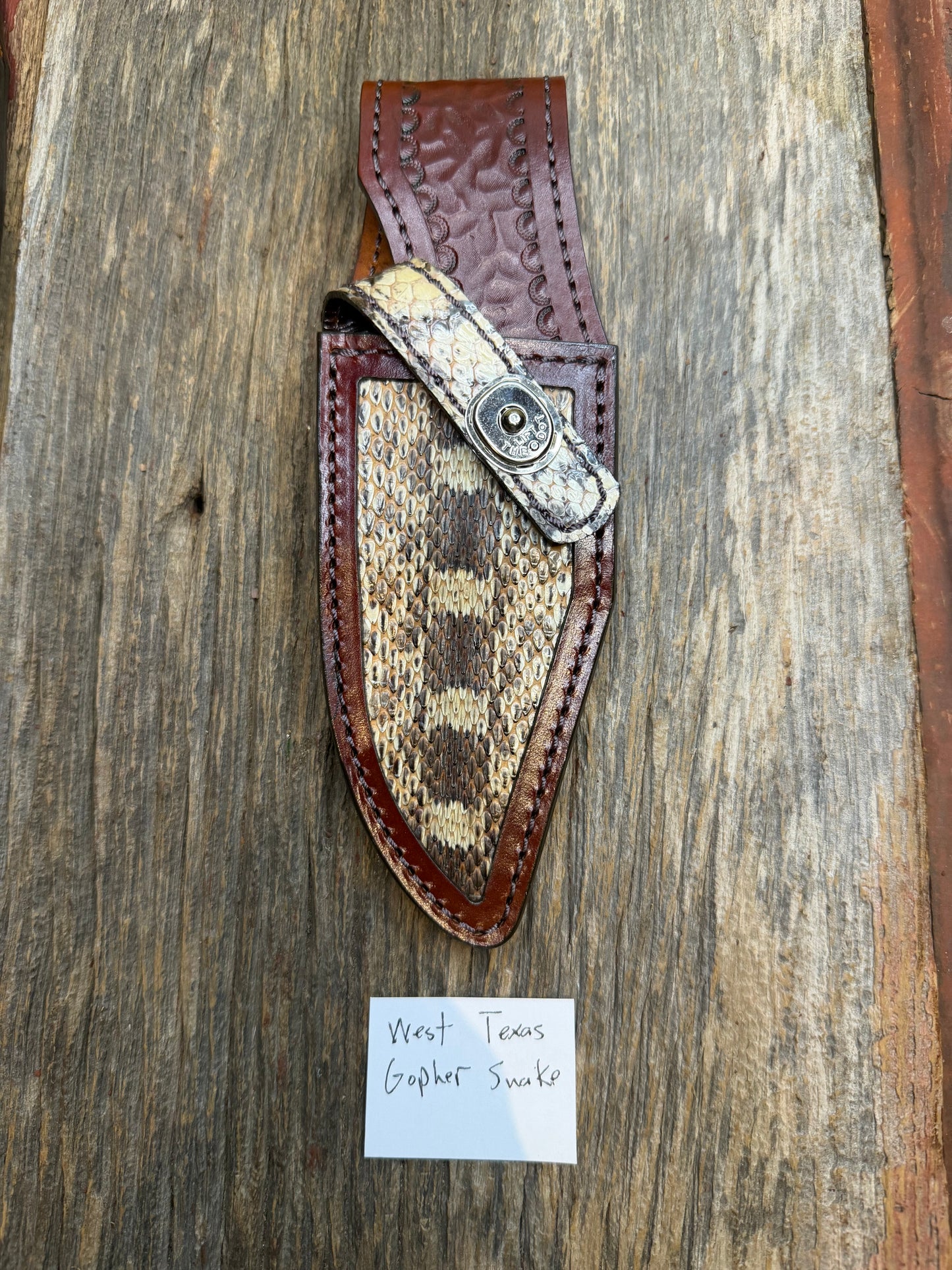 Randall Model 19-5 Sheath in Exotic West Texas Yellow Gopher Snake from Treeman Sheaths. Dark colors from the center of the skin, phenomenal.