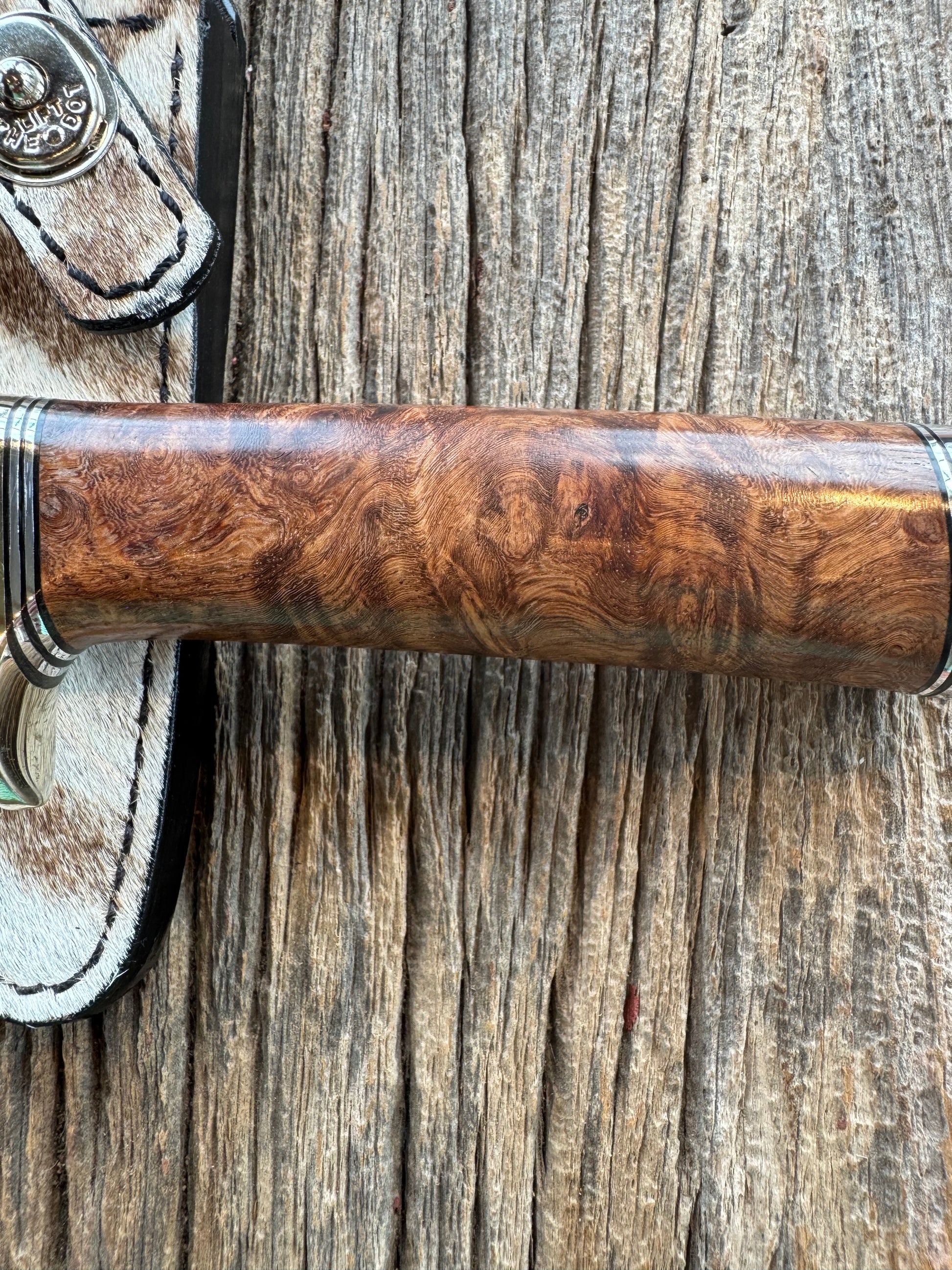Randall Knife Model 23 Amboyna Burl wood Handle, Stainless Steel blade, Nickel Silver hilt and Butt cap. Exotic Zebra Sheath.