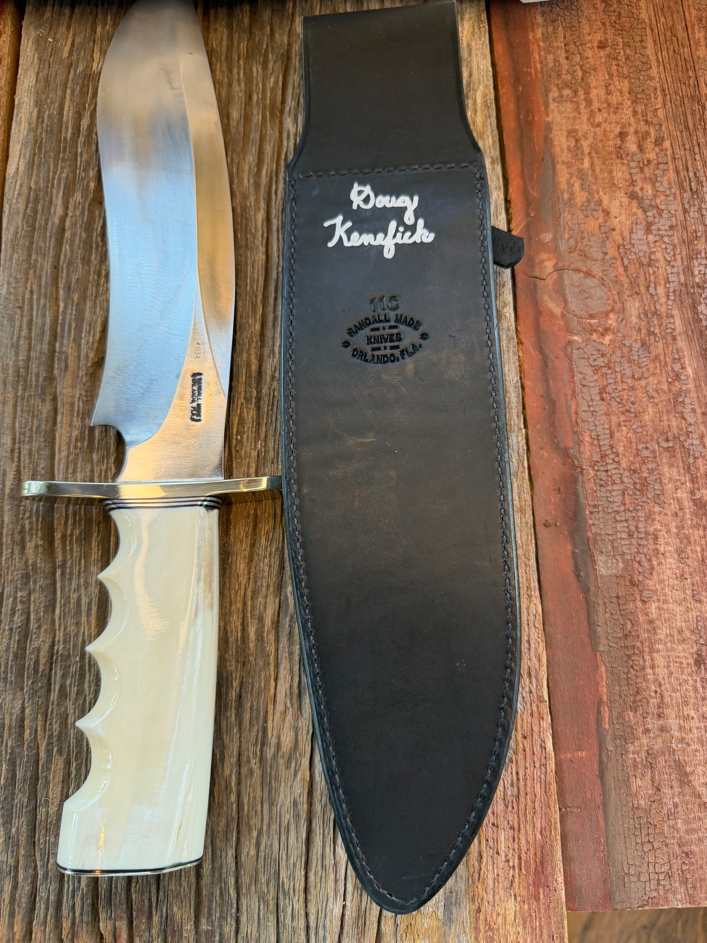New in Paper Randall Model 12-11 Dealer Special Large Sasquatch Huge piece of Pearly White Fossil walrus Ivory, Finger Groves , # 1134 Nickel Silver Hilt and butt cap.
