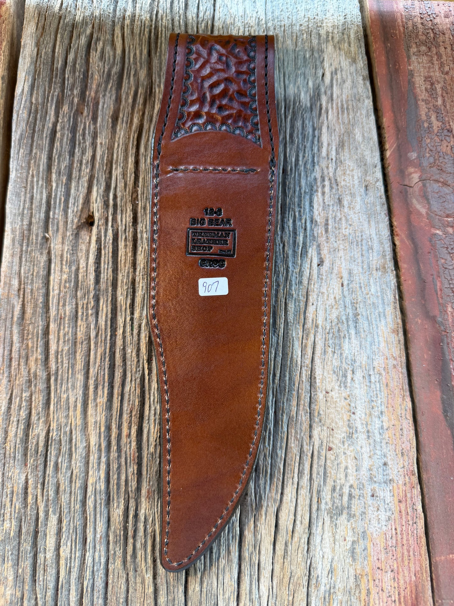 New Randall Model 12-8 Big Bear Sheath in Exotic Dark Brown Sueded Crocodile from Treeman with the newest Black Canteen snap.