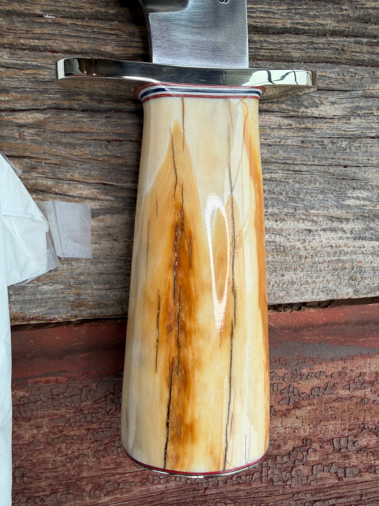 New in Paper Randall Knife Model 12-9 beautiful Fossil walrus handle, incredible colors (creams, browns , oranges) Double Nickel Silver hilt, nickel plate, Stainless Steel, RWB spacers