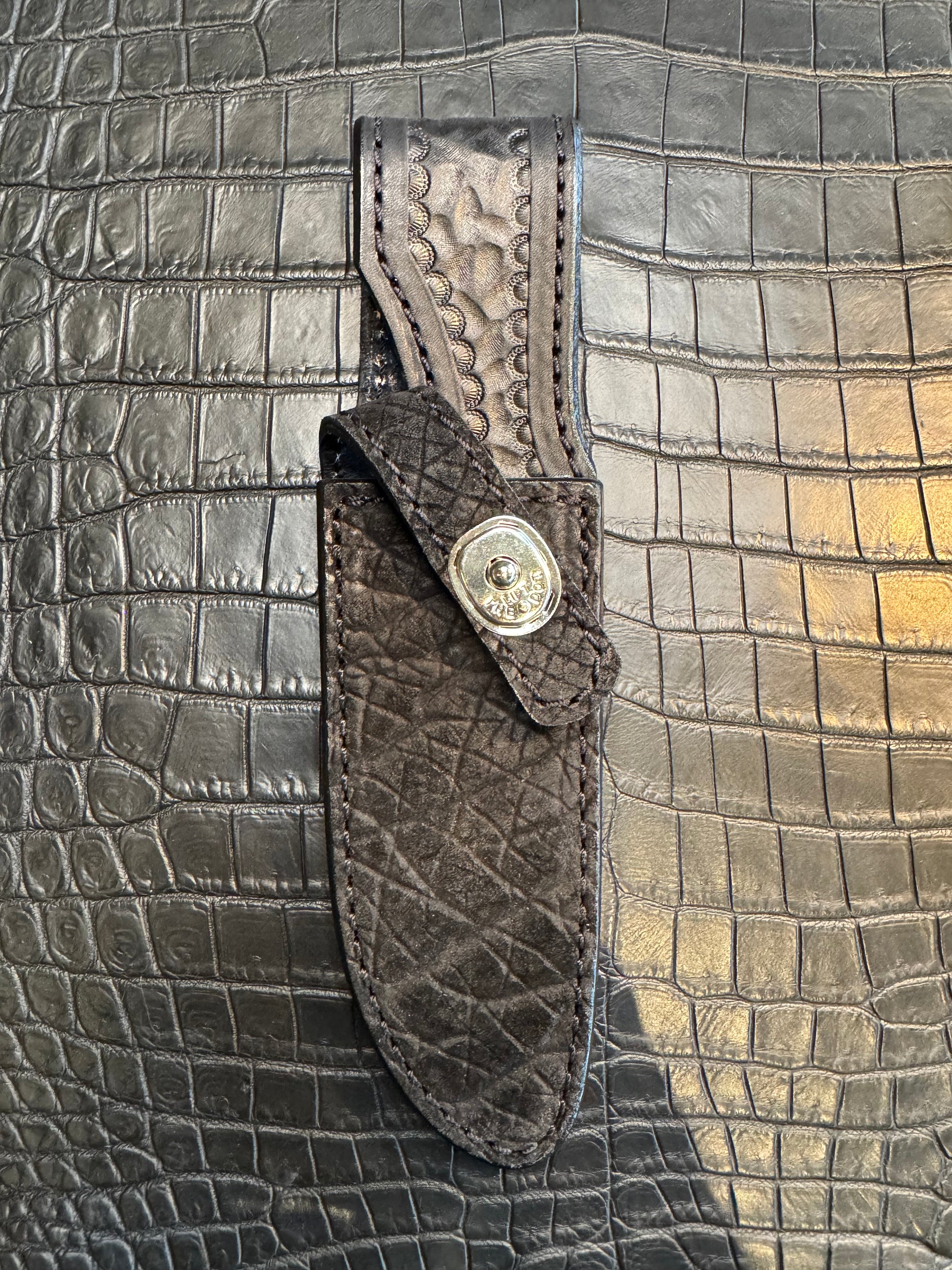 Randall Model 23 in Black Hippo Straight hilt, Canteen Snap, full brass stamping and stitching.