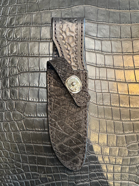Randall Model 23 in Black Hippo Straight hilt, Canteen Snap, full brass stamping and stitching.