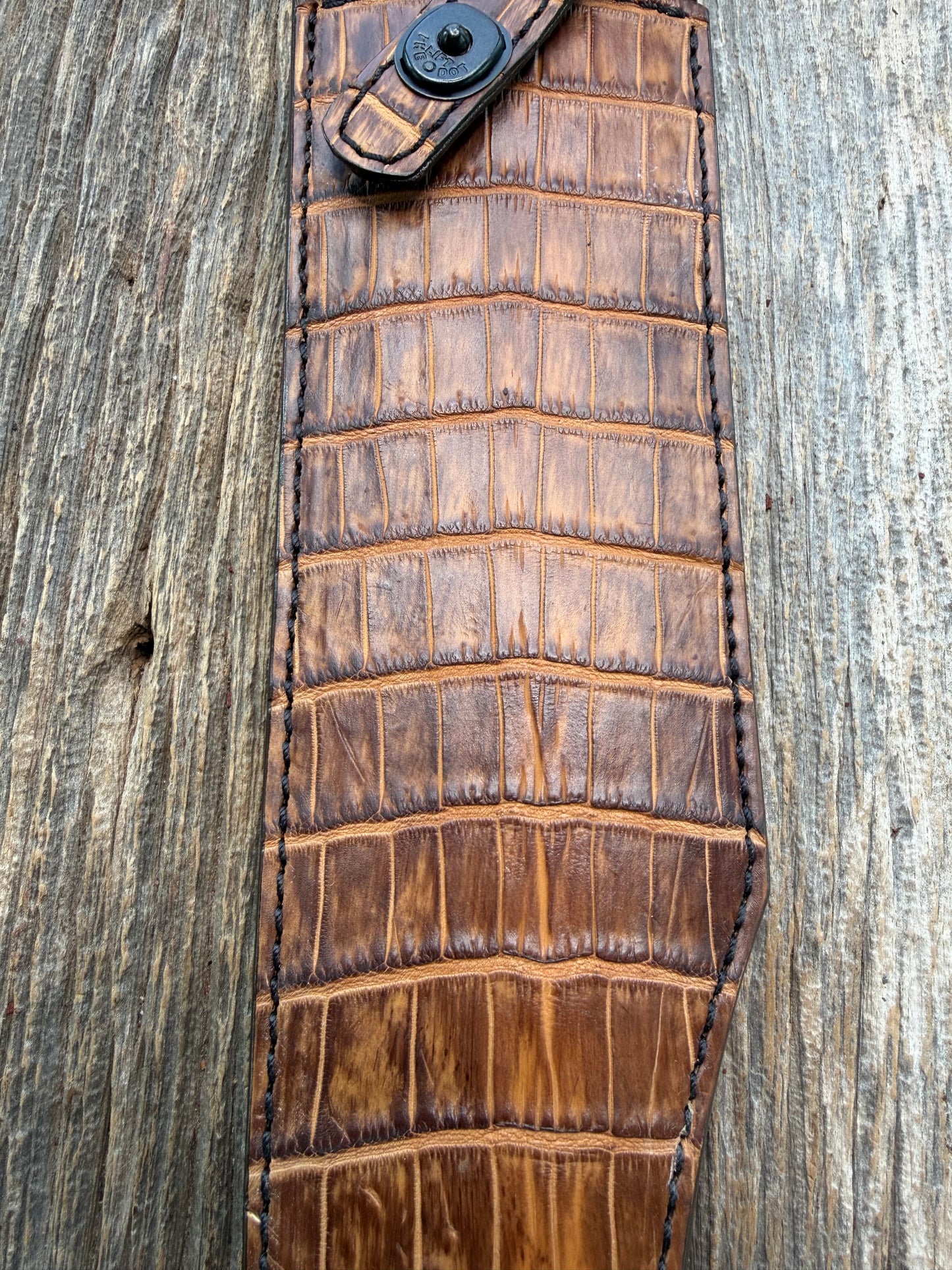 New Randall Model 12-11 Smitty Sheath in Exotic Tan Matte Crocodile from Treeman with the newest Black Canteen snap.