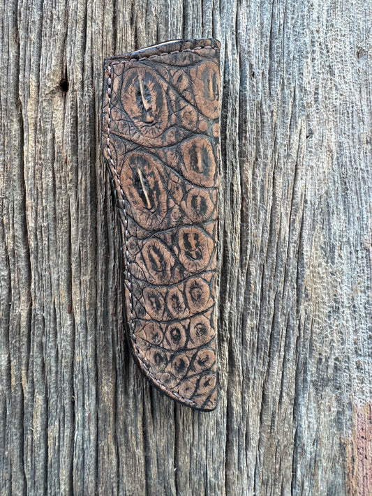 Randall Model 26 Sheath in Exotic Brown Sueded Crocodile Throat style from Treeman.