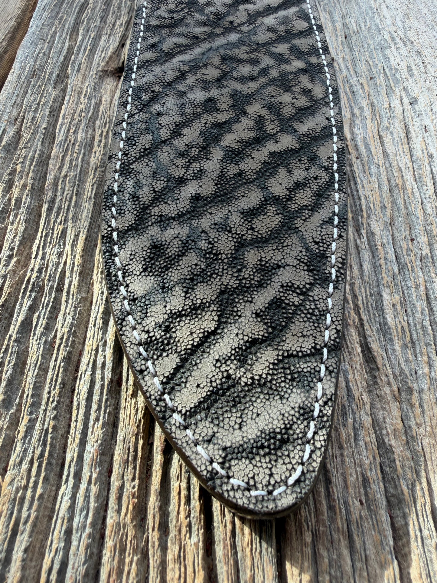 New Randall Model 12-11 Large Sasquatch Sheath in Exotic thick and textured Black and Grey Elephant Ear  on brown leather from Treeman with a silver Canteen snap. Hand tooled belt loop. Killer sheath.