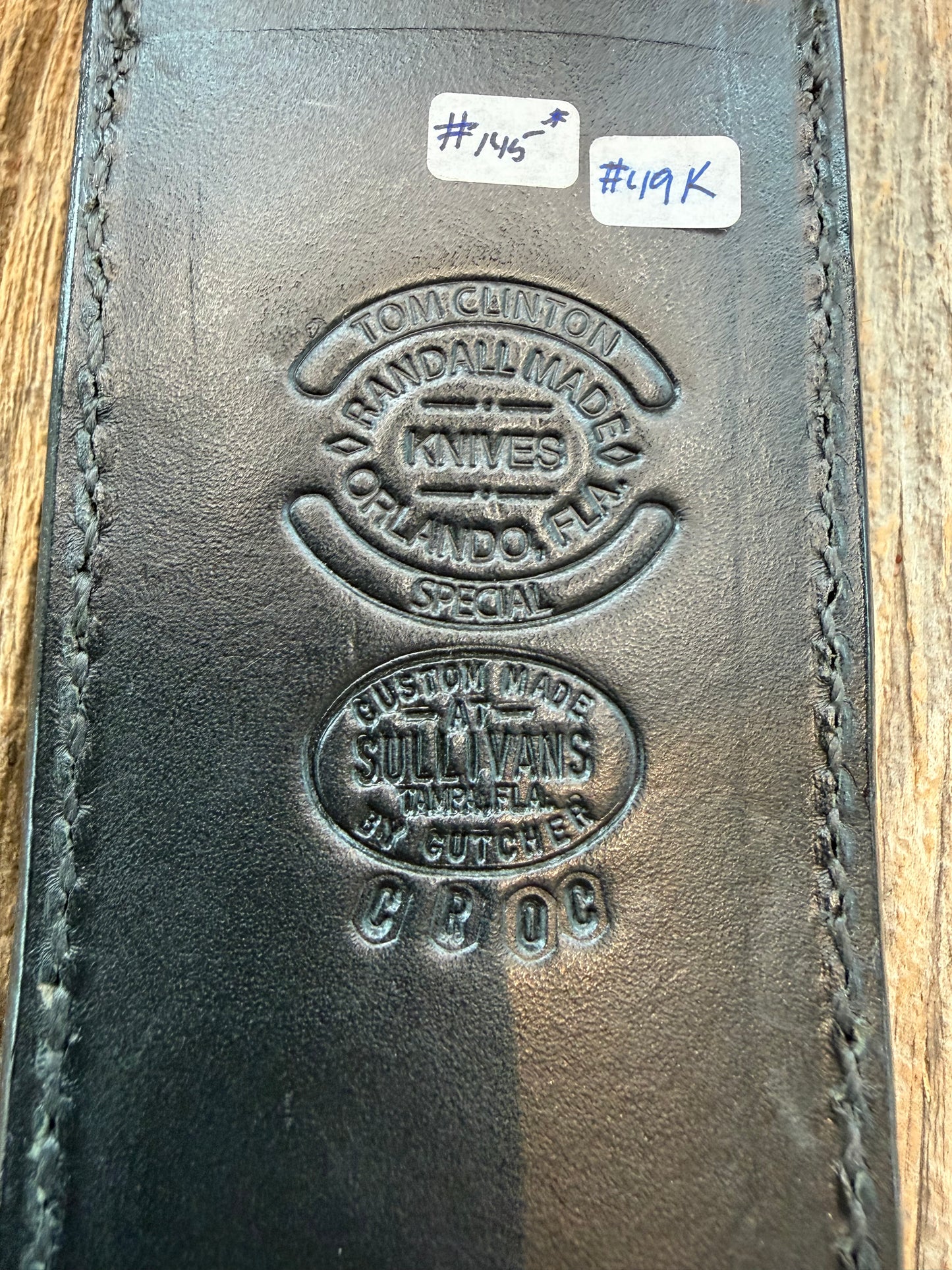 Randall Model Clinton Special Sheath in Exotic Black Crocodile tail Custom Made at Sullivan’s by Gutcher.