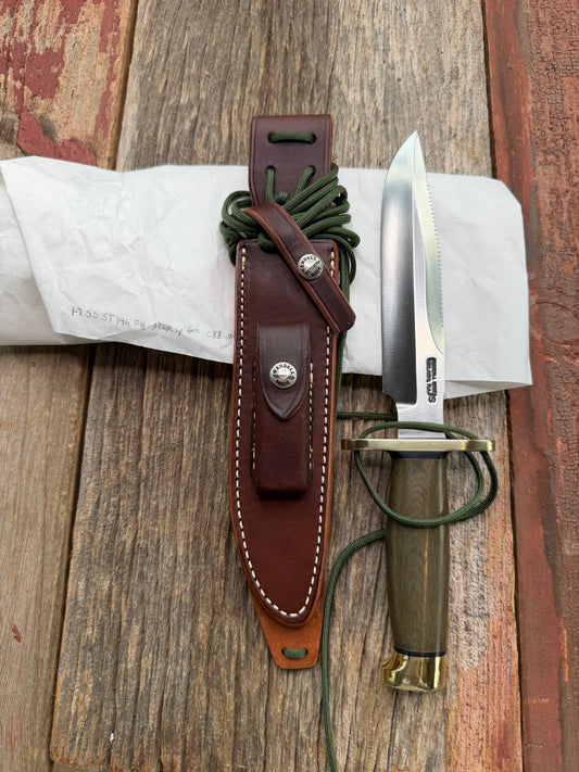 New in Paper Randall Made Knife Model 1-7 Green Micarta handle, Stainless, brass Double Hilt, Brass Crows beak butt cap, lanyard, Sawteeth, single black spacer…loaded!!