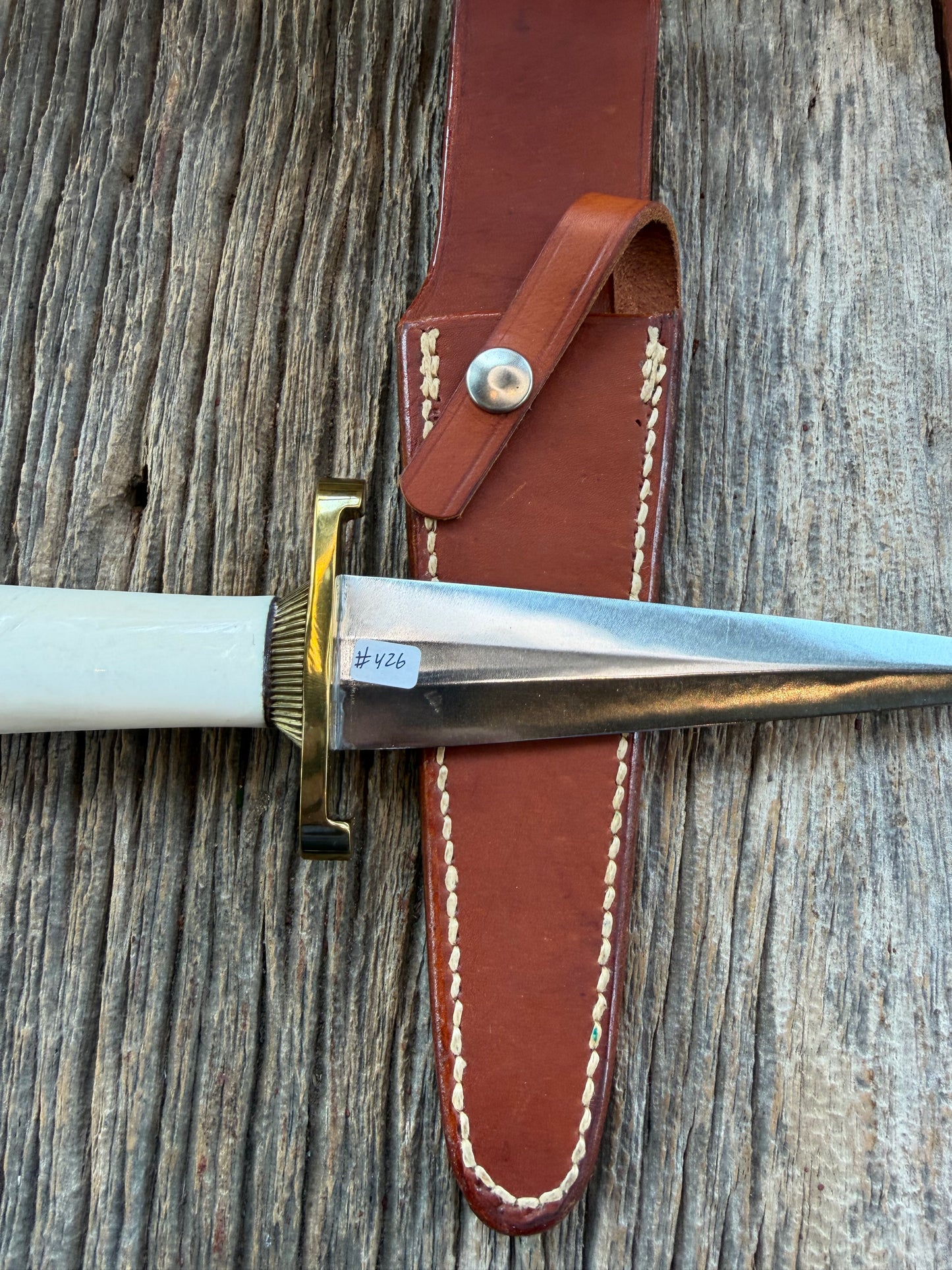 Randall Knife Model 13-6 Small Arkansas Toothpick in Elephant Ivory. Lugged Hilt, Scalloped brass collar and Coolie bottom,
