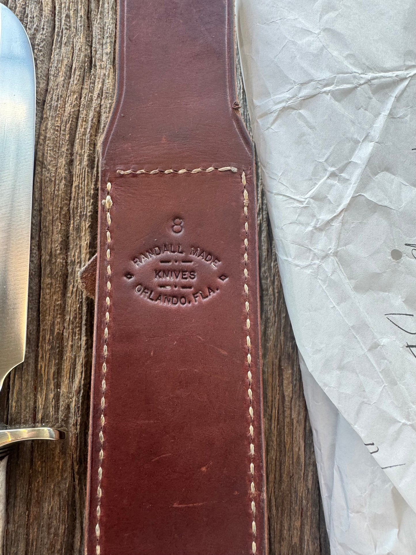 New in paper Randall Model 1-8 with shop Stag. Nickel silver Hilt and Aluminum Butt cap.