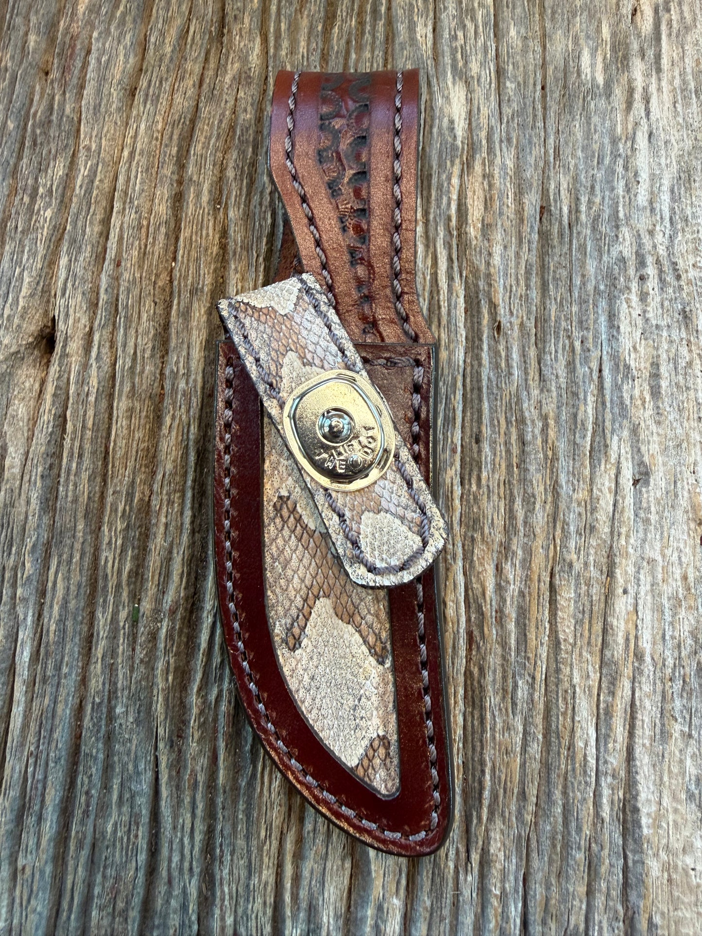 Randall Model 21 Sheath in Exotic Eastern Copperhead from Treeman Sheaths. Stunning colors and pattern.