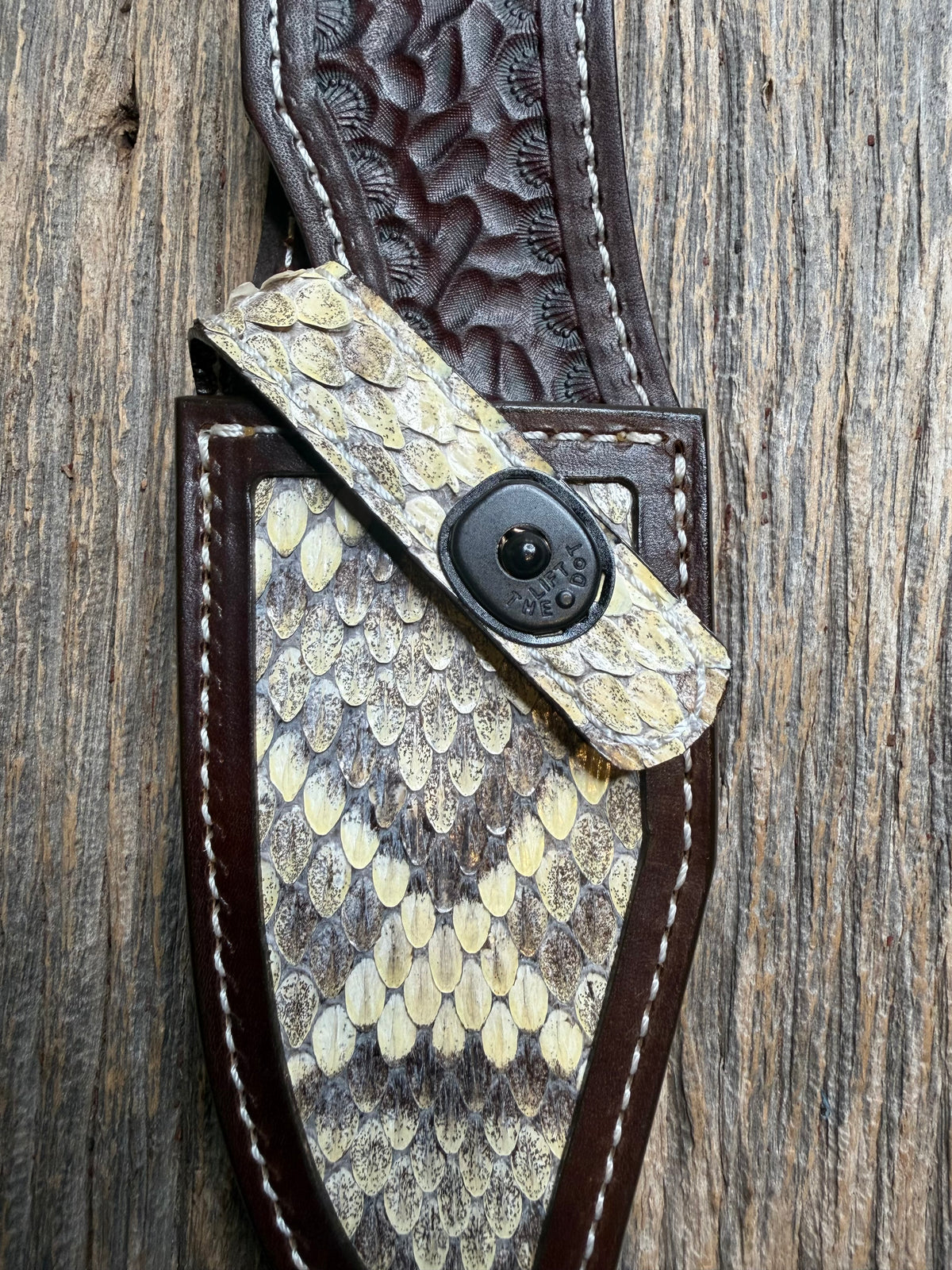 Randall Model 19-5 sheath with an Eastern Diamondback RattleSnake skin from Treeman Sheaths. Hand tooled belt loop, canteen snap. One the hardest skins to source.