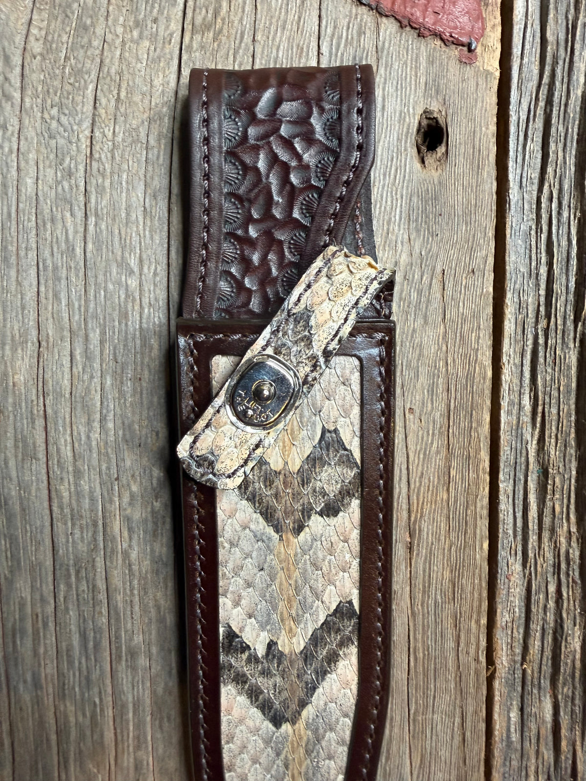 Randall Model 14 sheath with a Canebrake RattleSnake skin from Treeman Sheaths. Vibrant colors and along side Copperheads the hardest skin to source.