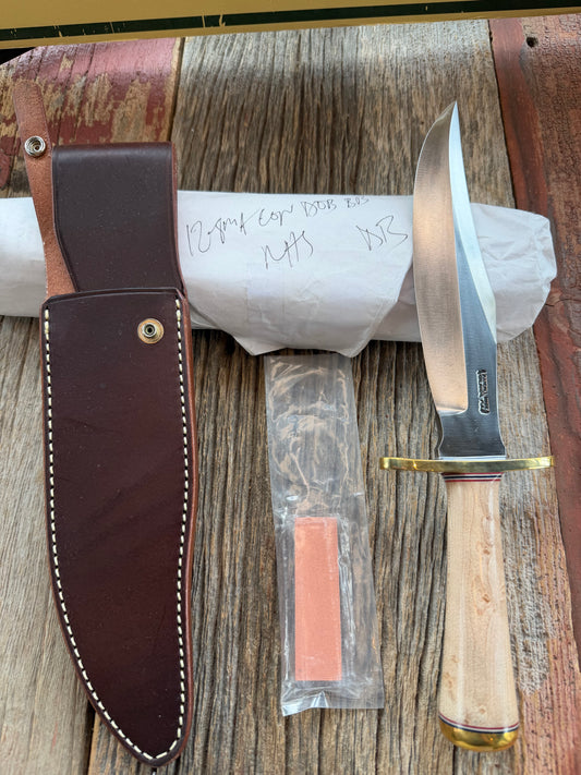 New Paper Randall Made Knife Model 12-8 supplied Maple handle, carbon  blade, brass hilt and rounded butt cap. Red white and blue spacers