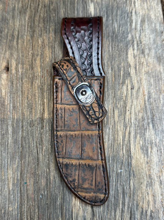 Randall Model 20 Sheath in Exotic Brown Sueded Crocodile from Treeman.