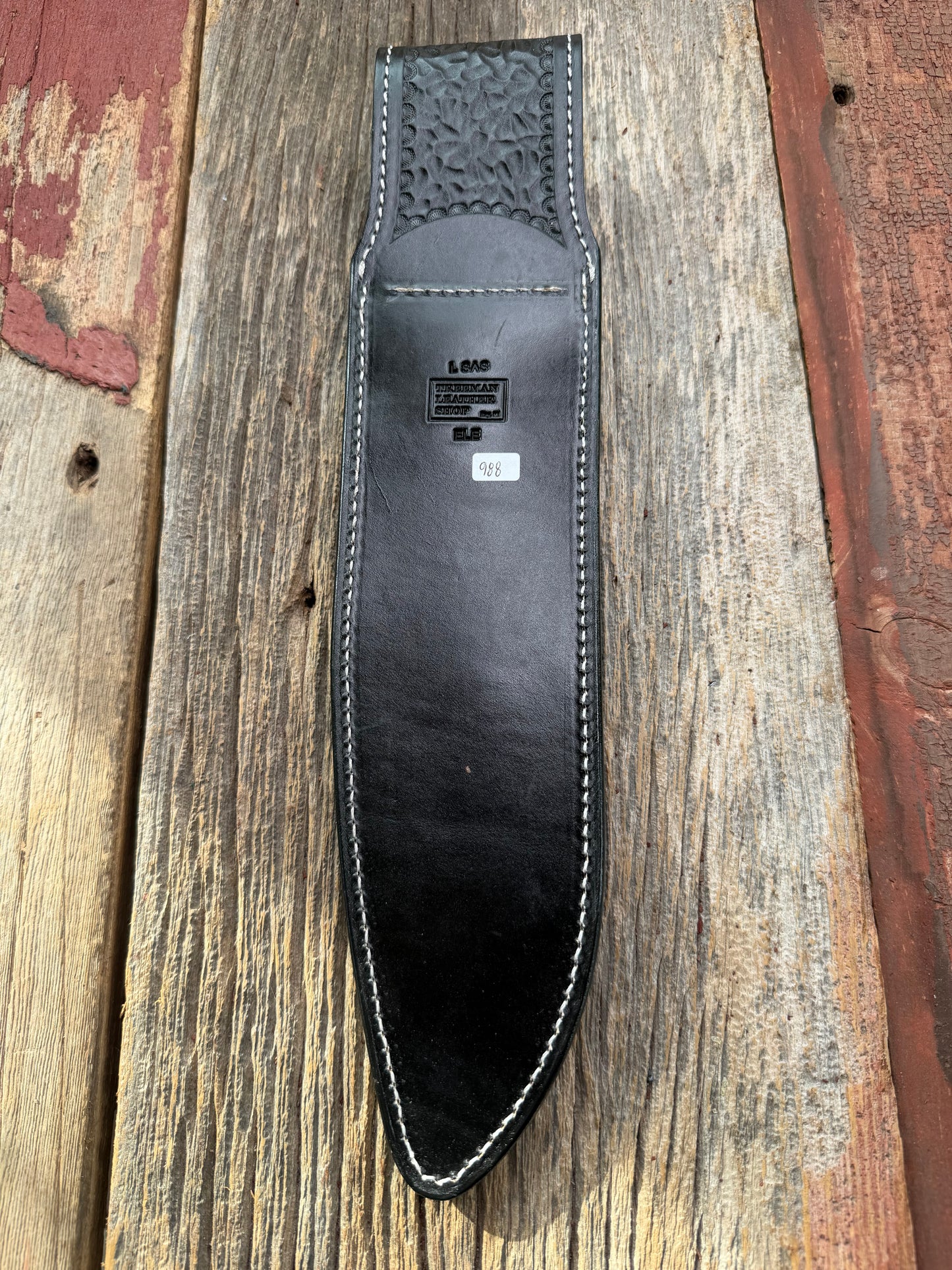 New Randall Model 12-11 Large Sasquatch Sheath in Exotic thick and textured Grey Elephant Hide on black leather from Treeman with a silver Canteen snap. Hand tooled belt loop. Killer sheath.