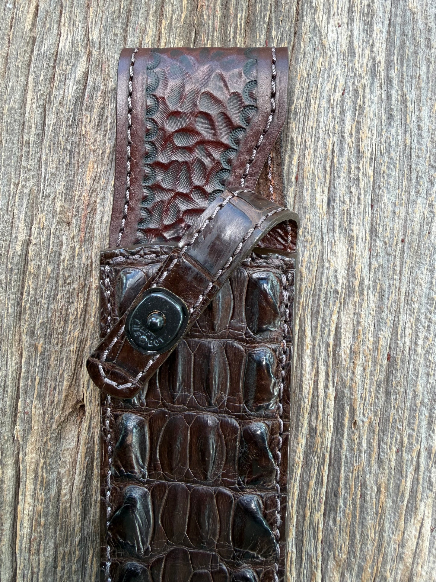 New Randall Model TC Clinton Special Sheath in Exotic Chocolate Brown Matte Crocodile Tail from Treeman with the newest Black Canteen snap. Killer sheath.