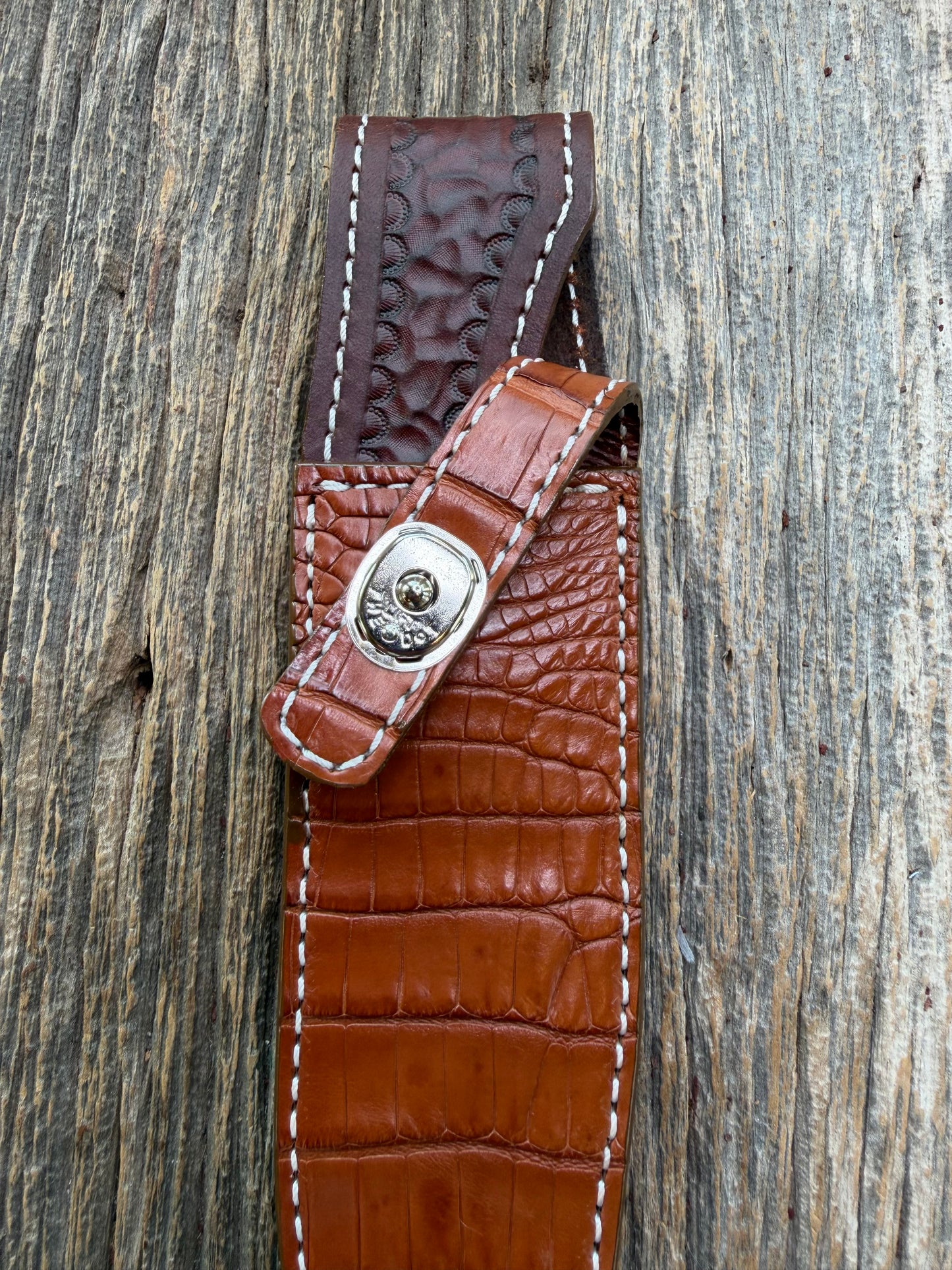 New Randall Model 1-6 Sheath in Exotic thick and textured Honey Crocodile skin on brown leather from Treeman with a silver Canteen snap. Hand tooled belt loop. Killer sheath.
