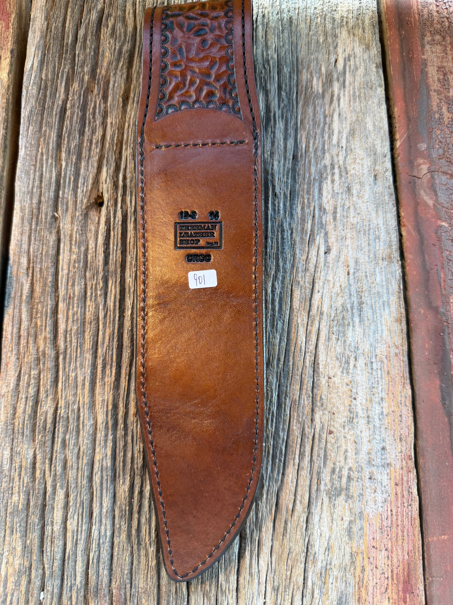 New Randall Model 12-9 Sheath in Exotic Tan Matte Crocodile from Treeman with the newest Black Canteen snap.