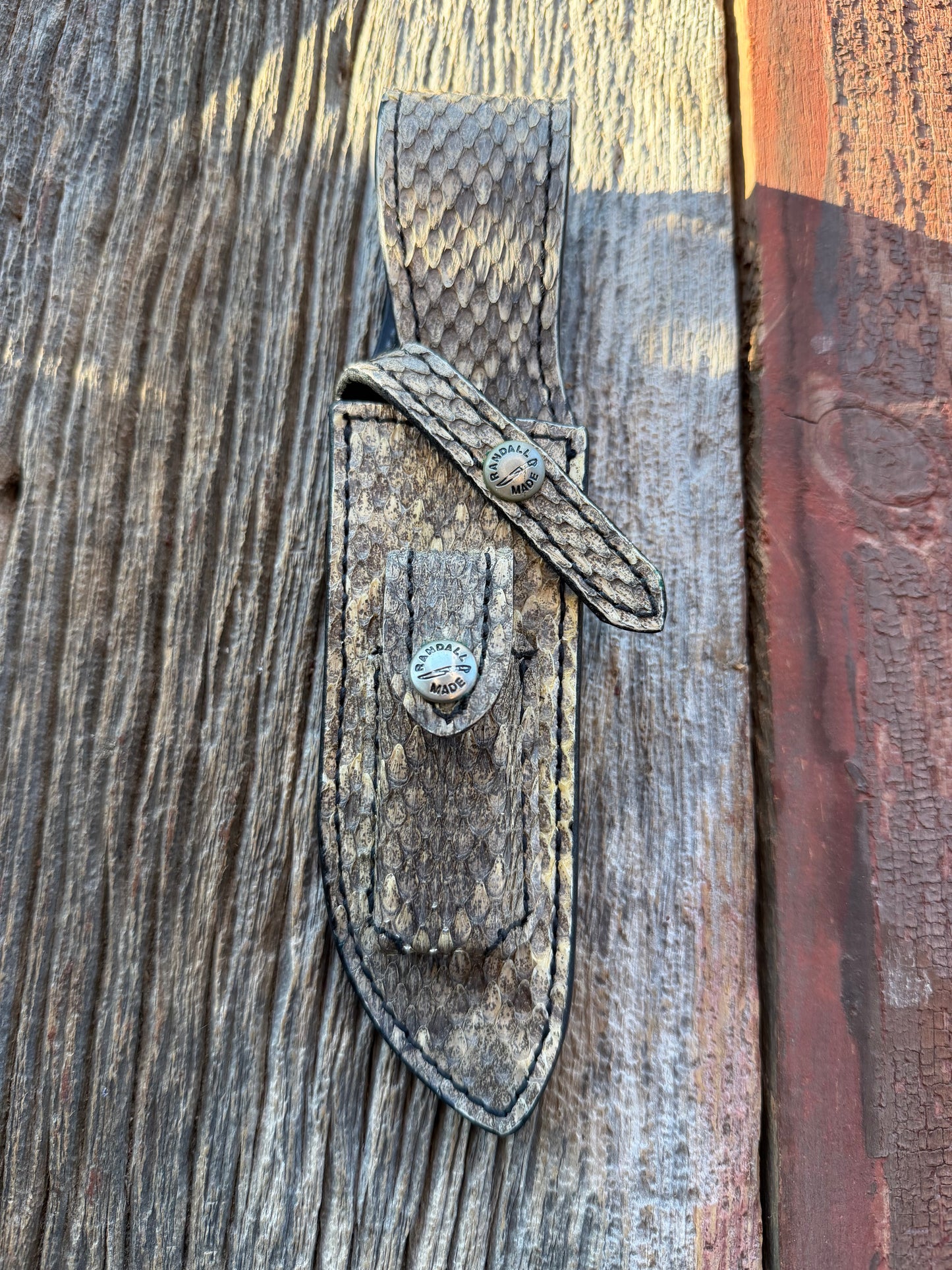 NOTE : Item is part of my personal Collection. Adding to cart will not result in sale.Very Rare Randall Sullivans by Gutcher Exotic Full Rattlesnake Knife Sheath and stone pouch for a Bowles Special. Randall Snap, Diamond inlay pattern.  Full Rattlesnake.