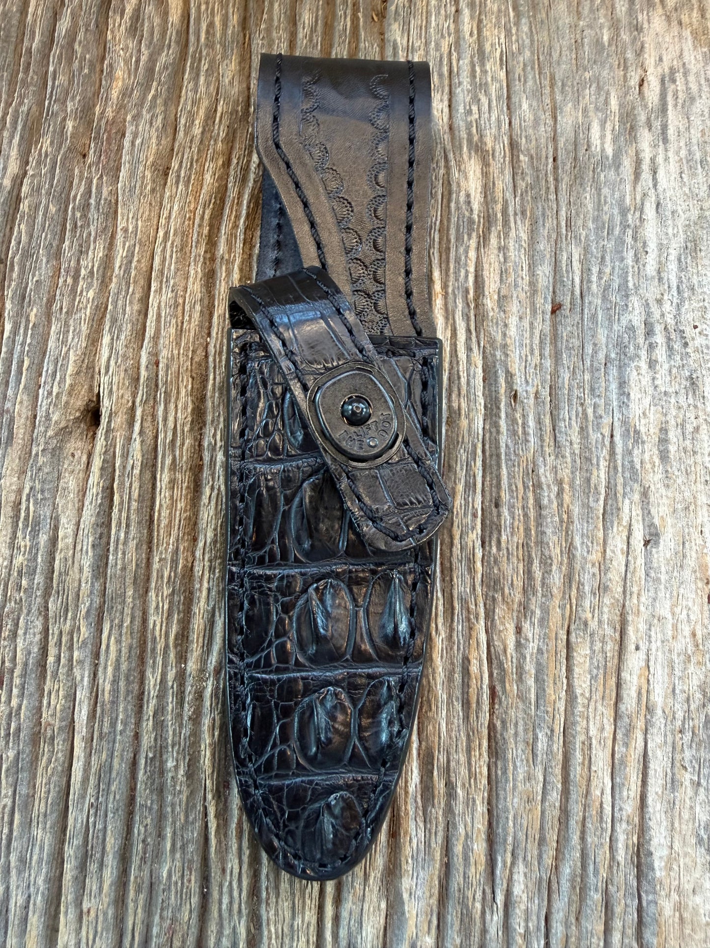 New Randall Model 8-4 Sheath in Exotic Black Crocodile tail from Treeman. Black canteen Snap .. Johnny Cash Style … All Black.