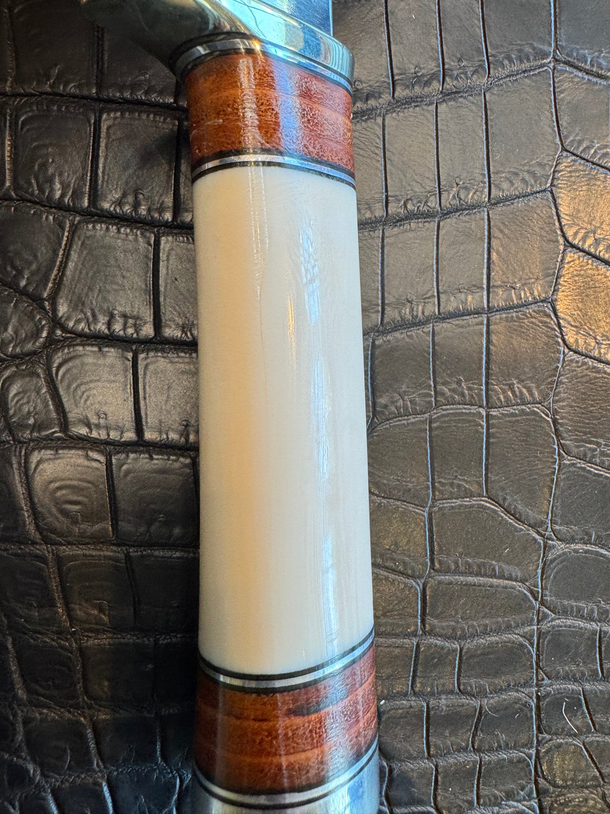 Randall Model 25-6 in Elephant Ivory with stacked Leather, Nickel Silver Hilt and Aluminum Butt cap. Flawless.