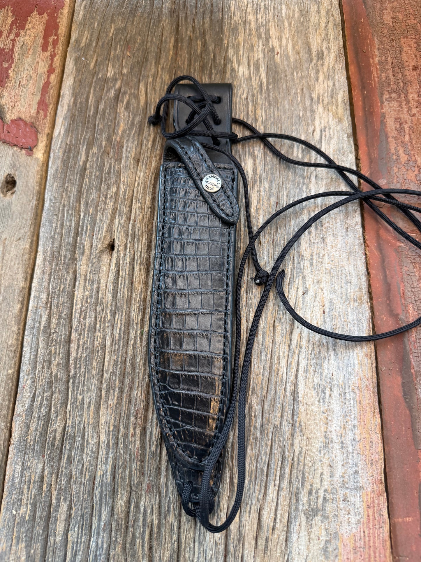 New Randall Model 1-7 or 2-7 Sheath in Exotic Black Natural Croc with lanyard straps. Custom Made at Sullivan’s by Gutcher.