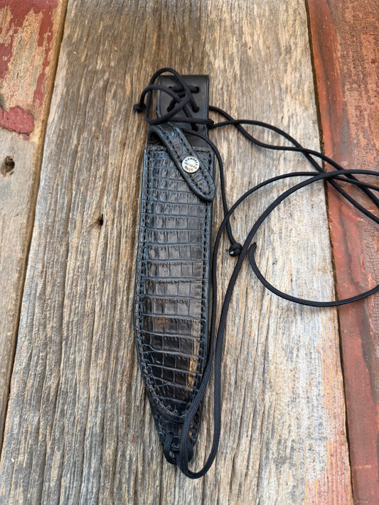 New Randall Model 1-7 or 2-7 Sheath in Exotic Black Natural Croc with lanyard straps. Custom Made at Sullivan’s by Gutcher.