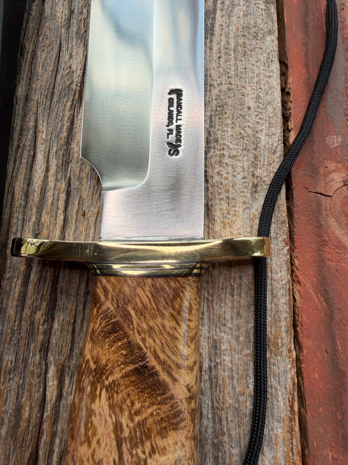 New in Paper Randall Knife 12-9 Spalted Maple wood handle, Double Brass Hilt + Crows Beak Butt Cap, Stainless Steel.
