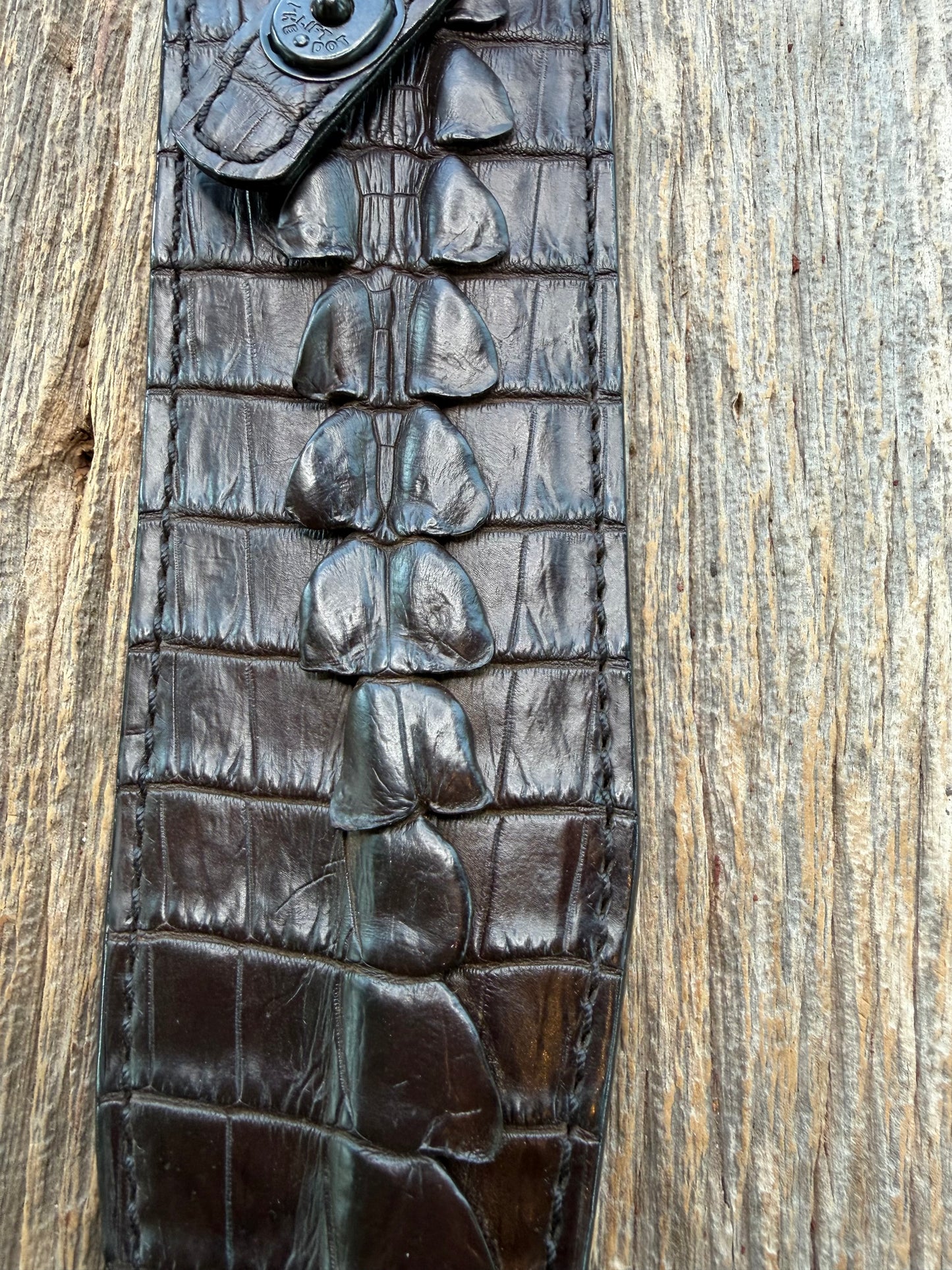 New Randall Model 12-9 Sheath in Exotic Dark Brown Matte Crocodile Tail from Treeman with the newest Black Canteen snap. Killer sheath.