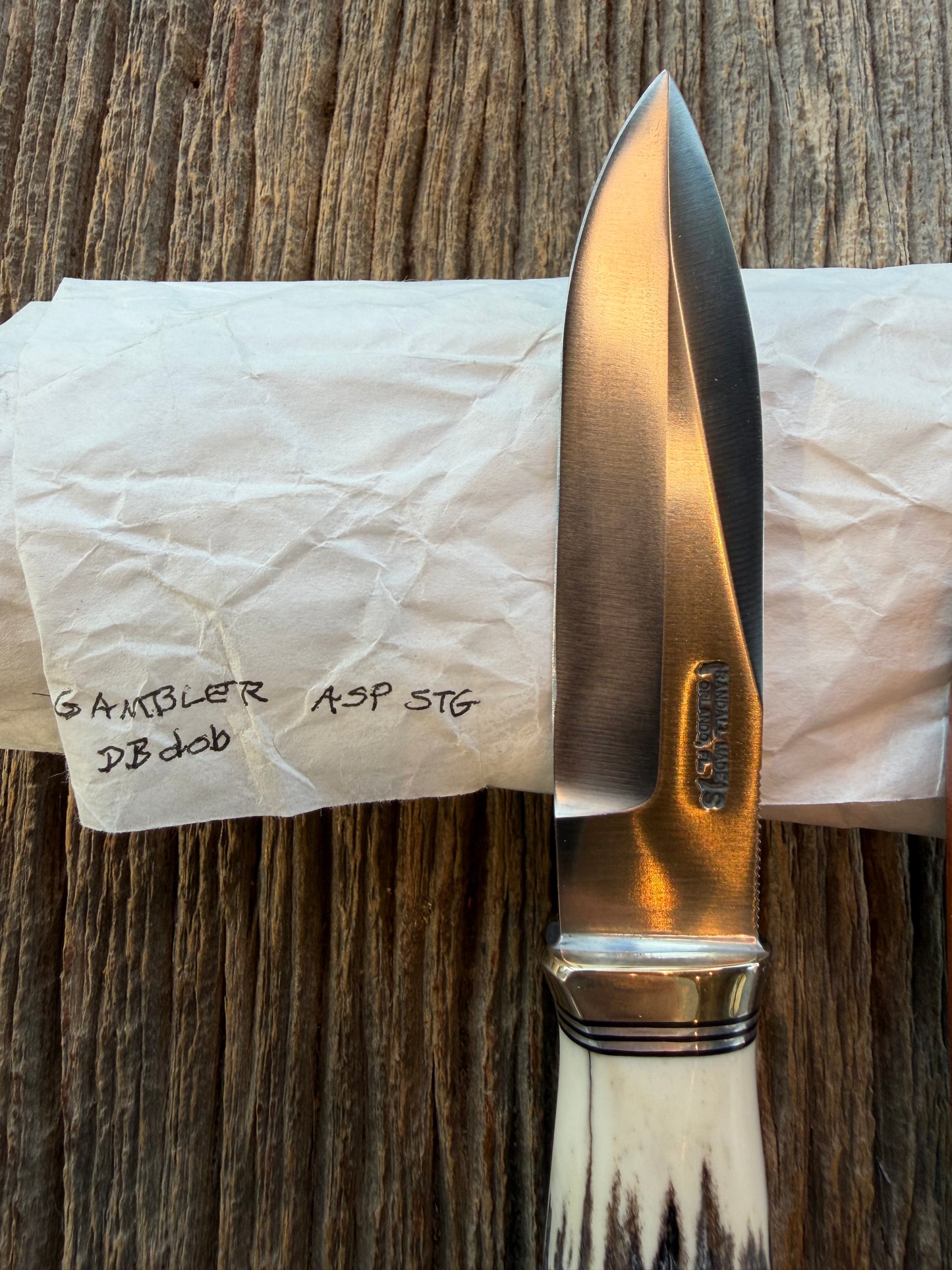 New in Paper Randall Model “Gambler” 4 Inch in Stag, Nickel hilt, Stainless, black and aluminum spacers.